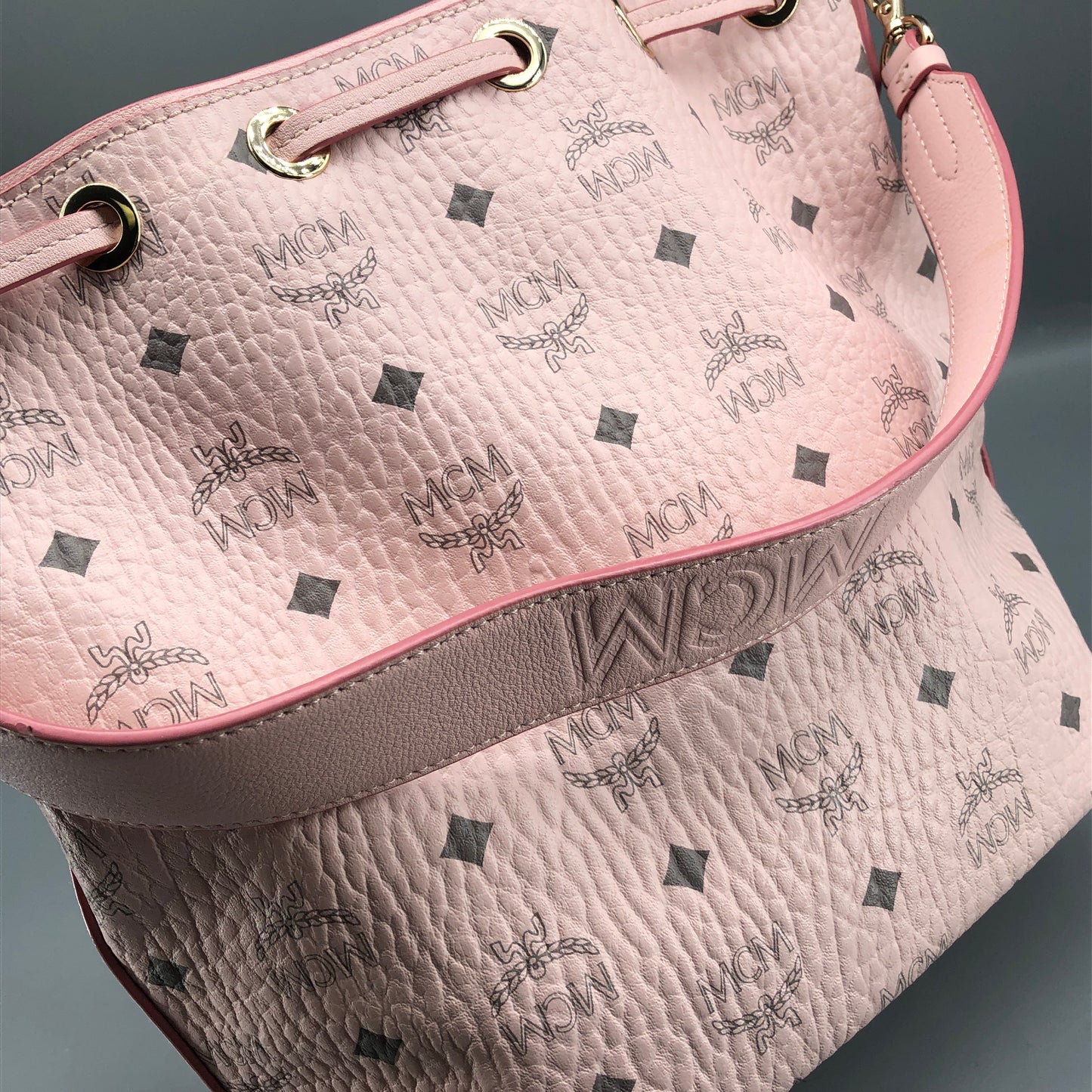 MCM Pink Visetos Print Drawstring Bucket Bag