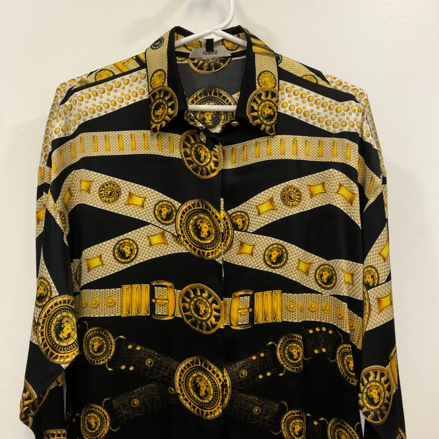 Versus Baroque Gold Belt Print Long Sleeve Shirt Size 40 Black/Gold