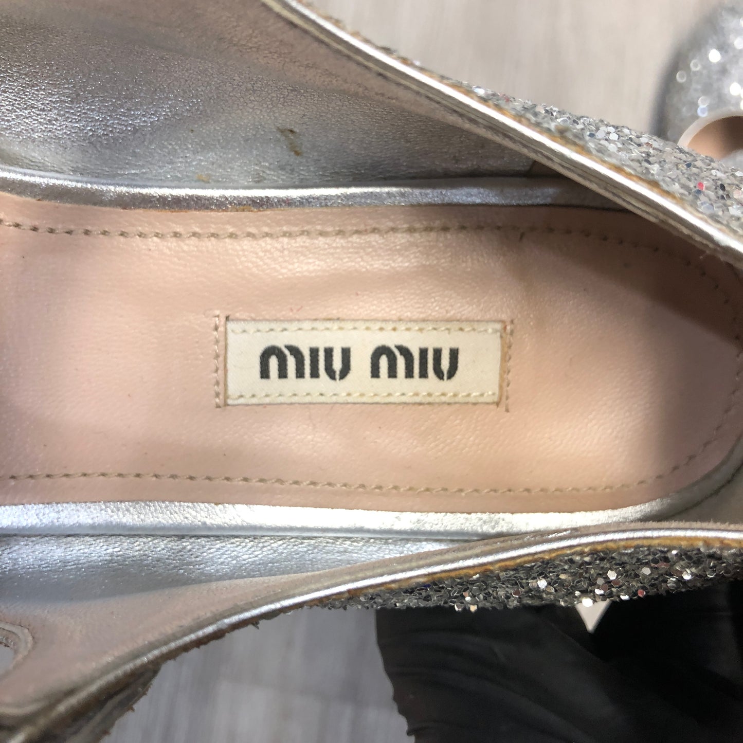 Miu Miu Women's Glitter Mary Jane Ballerina Shoes Size 38 Silver