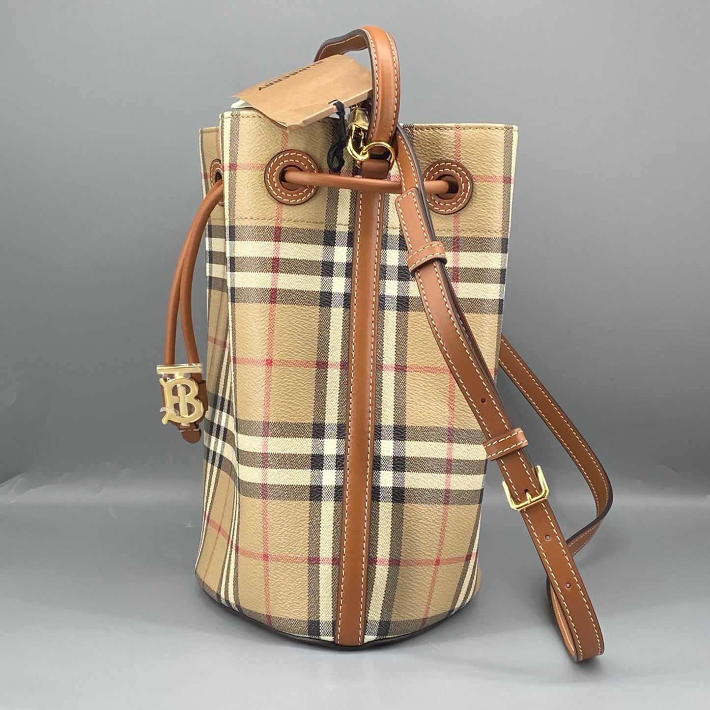 Burberry Beige Vintage Check Drawstring Bucket Bag
