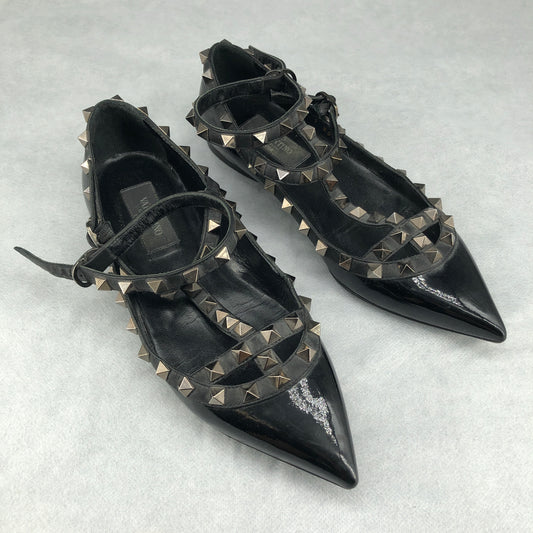 Valentino Women's  Black Patent Leather Rockstud Pointed Ankle Strap Flats Size 35