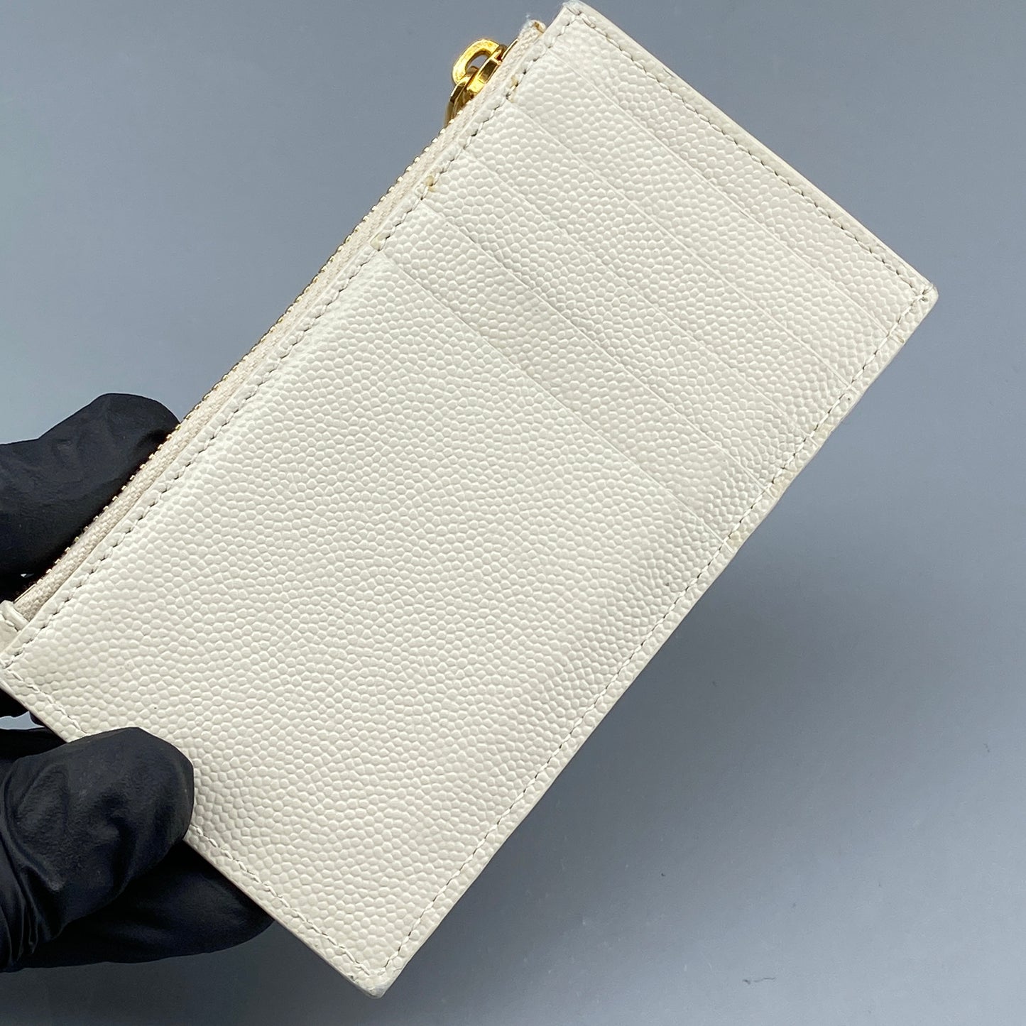 Saint Laurent Cream Grain Leather Quilted Zip Card Holder Wallet
