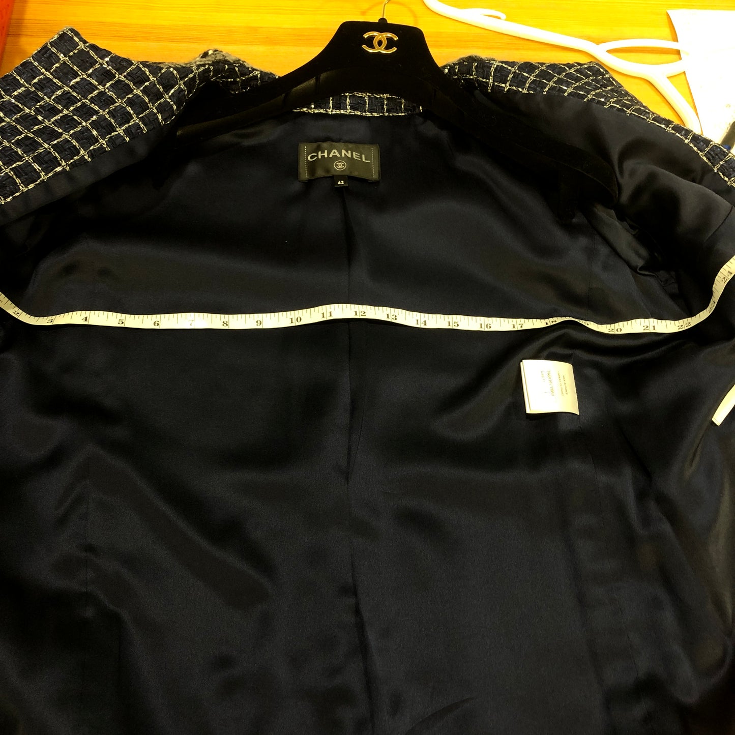 Chanel Tweed Coat Size 42 Navy Blue/White/Black/Grey/Silver