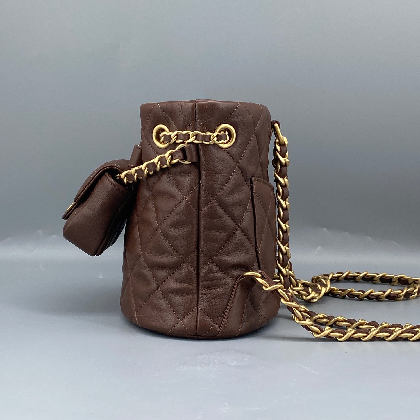 Chanel 23A Deep Brown Quilted Leather Mini Bucket Bag