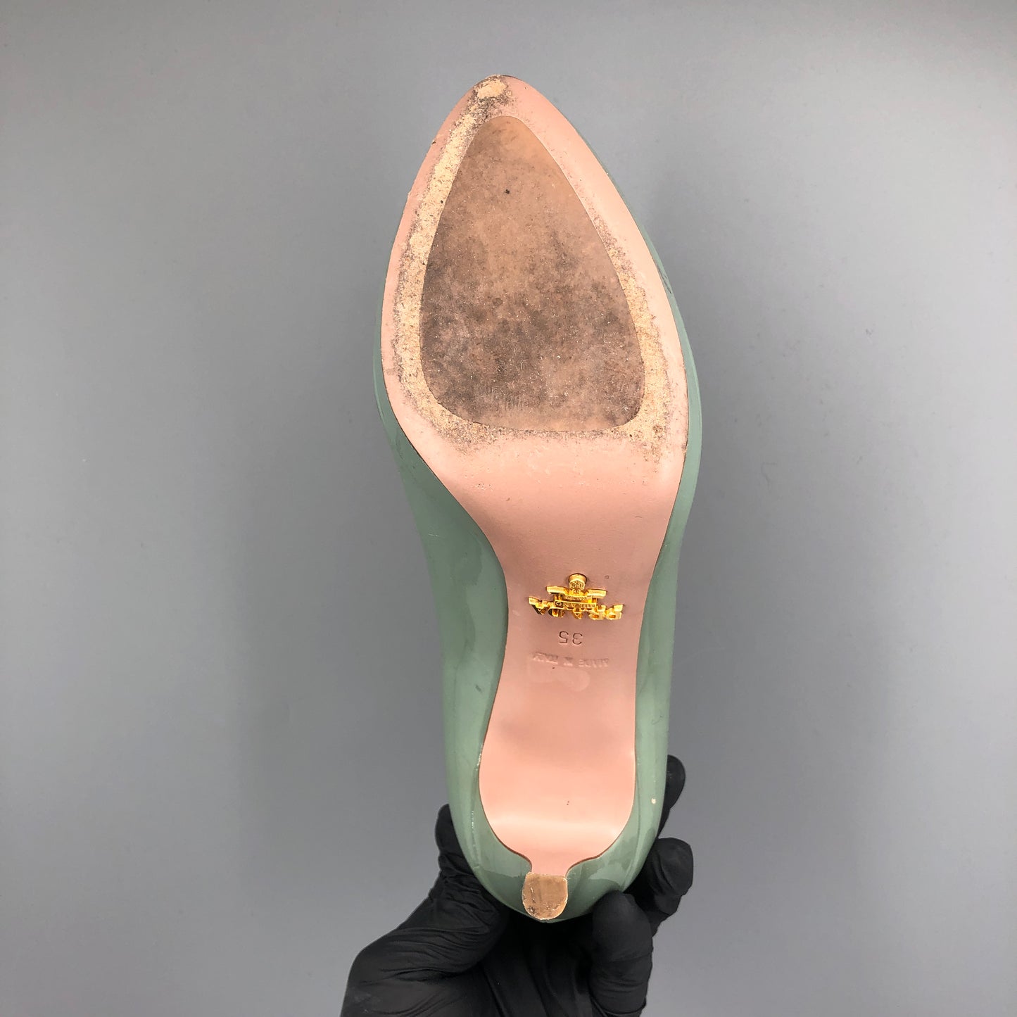 Prada Mint Green Patent Leather Platform Pointed Toe High Heels 35