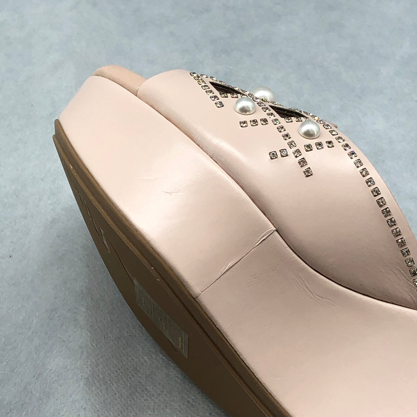 Rene Caovilla Blush Pink Pearl-Embellished Wedge Mules Size 35