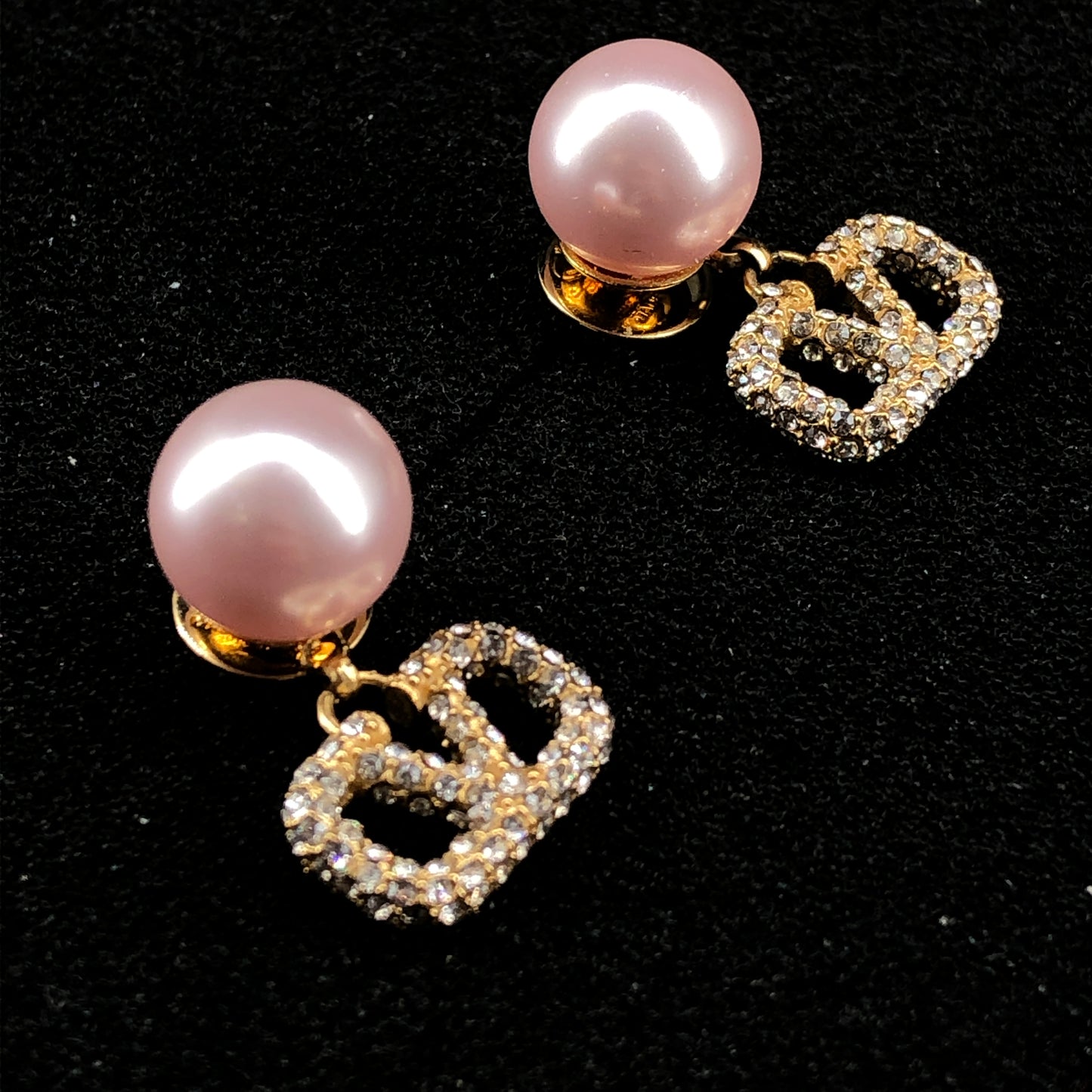 Valentino V Logo Crystal Pink Pearl Drop Stud Earrings Gold Tone