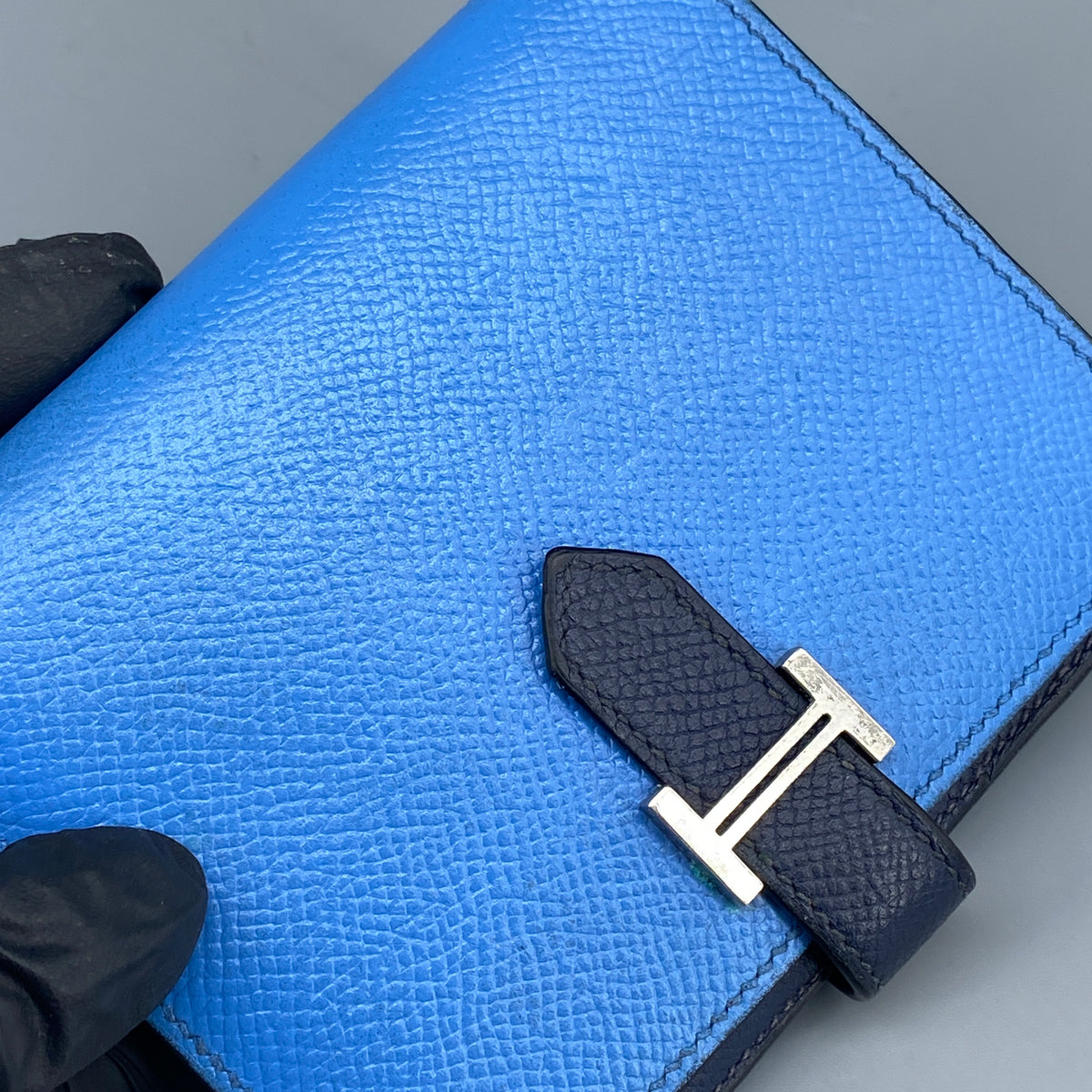 Hermes Bearn Compact Wallet Light Blue & Navy Leather