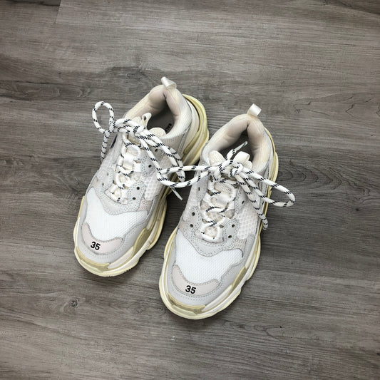 Balenciaga Women's Triple S Mesh Leather Chunky Sneaker Shoes 35 White Cream Two-Tone