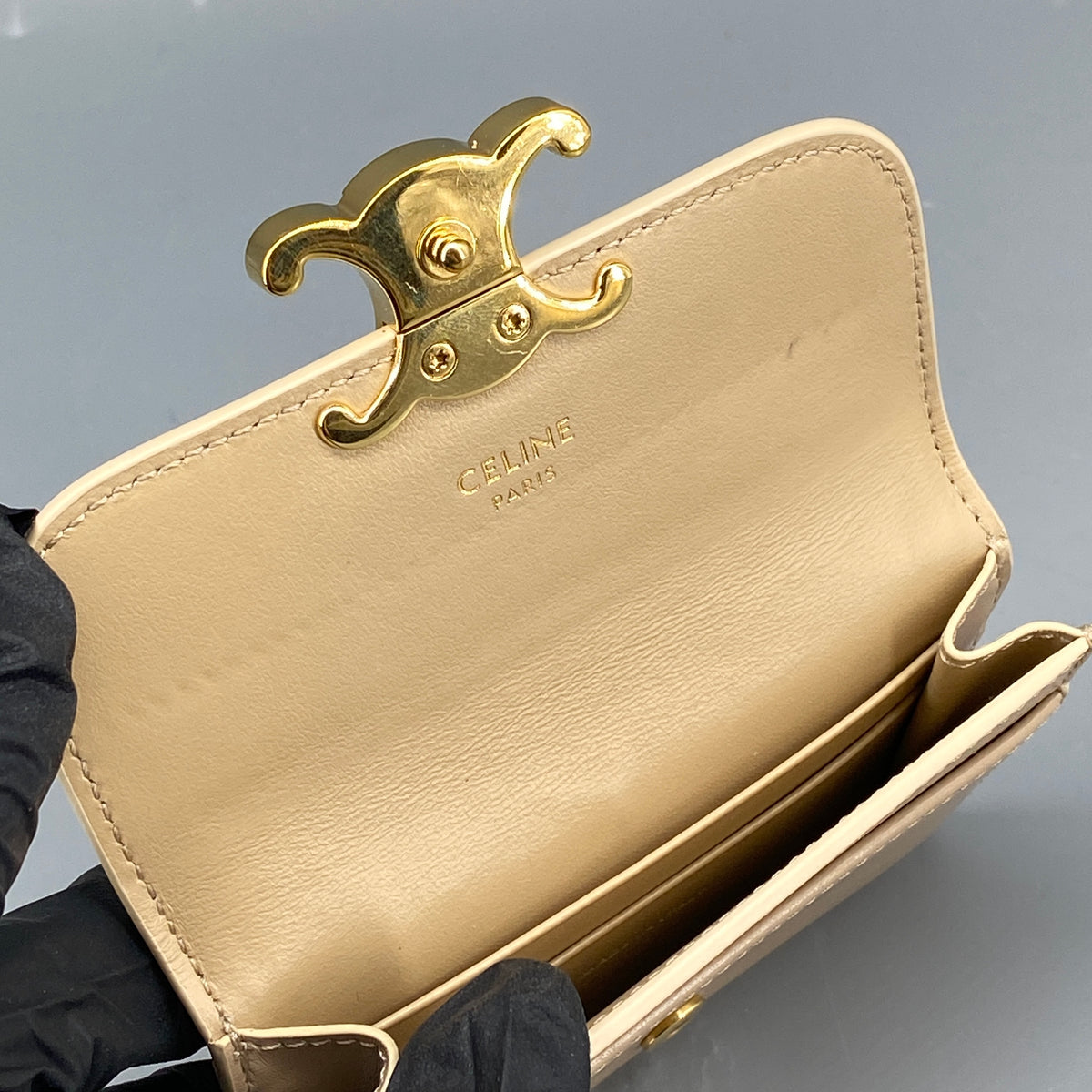 Celine Shiny Calfskin Triomphe Wallet Nude Leather