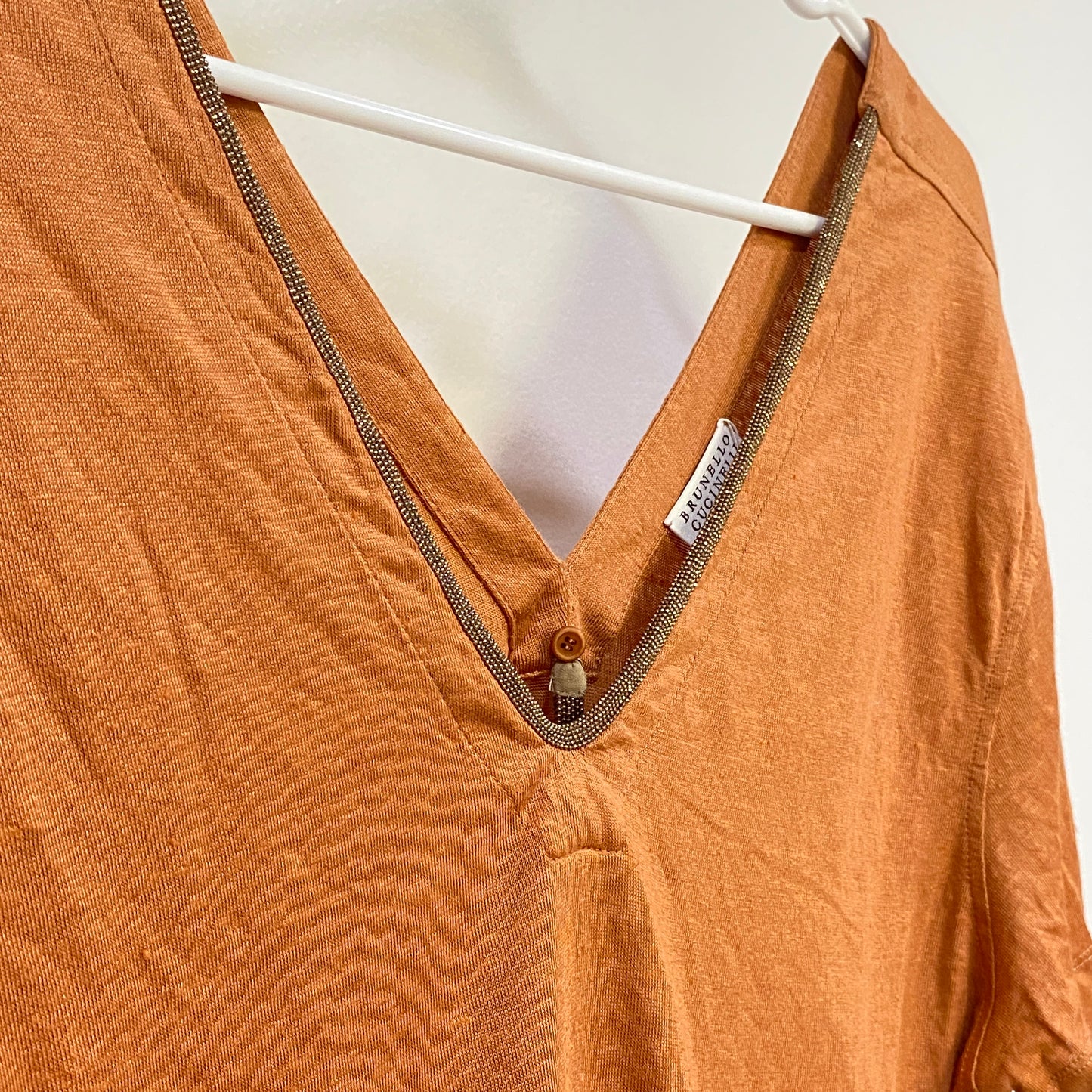 Brunello Cucinelli Rust V Neck Short Sleeve Top Bust 19.5in
