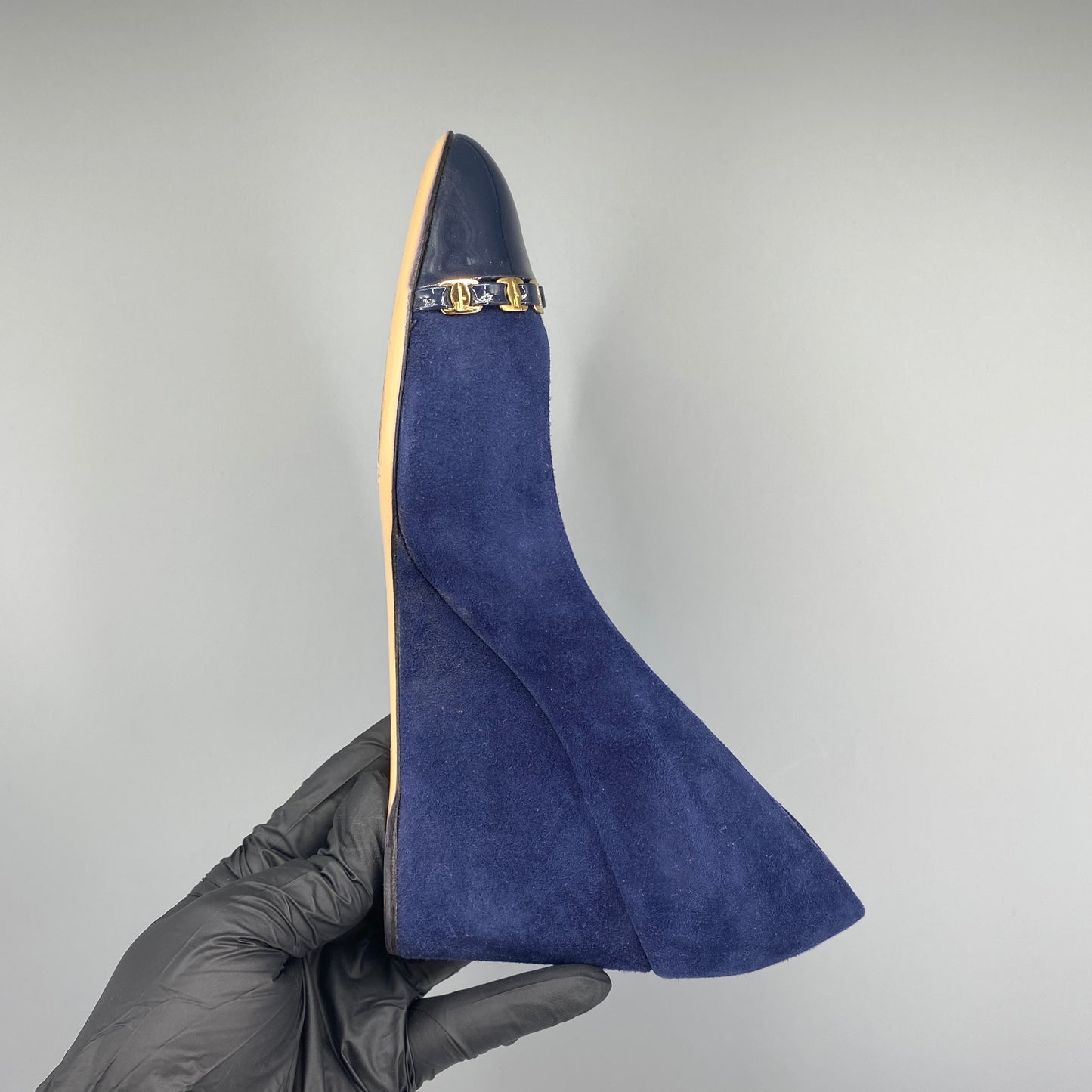Ferragamo Women’s Deep Blue Suede Patent Toe Wedge Heels Shoes