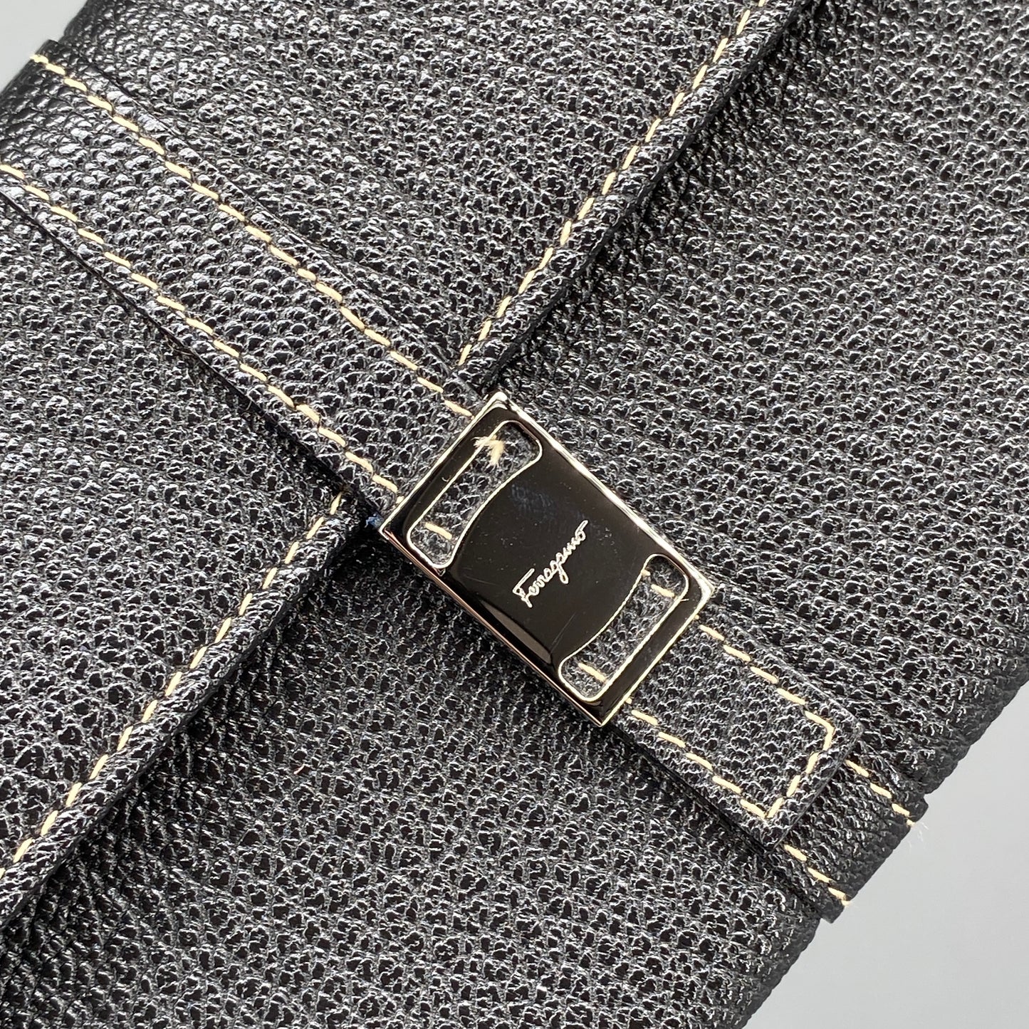Ferragamo Black Grain Leather Flap Long Wallet