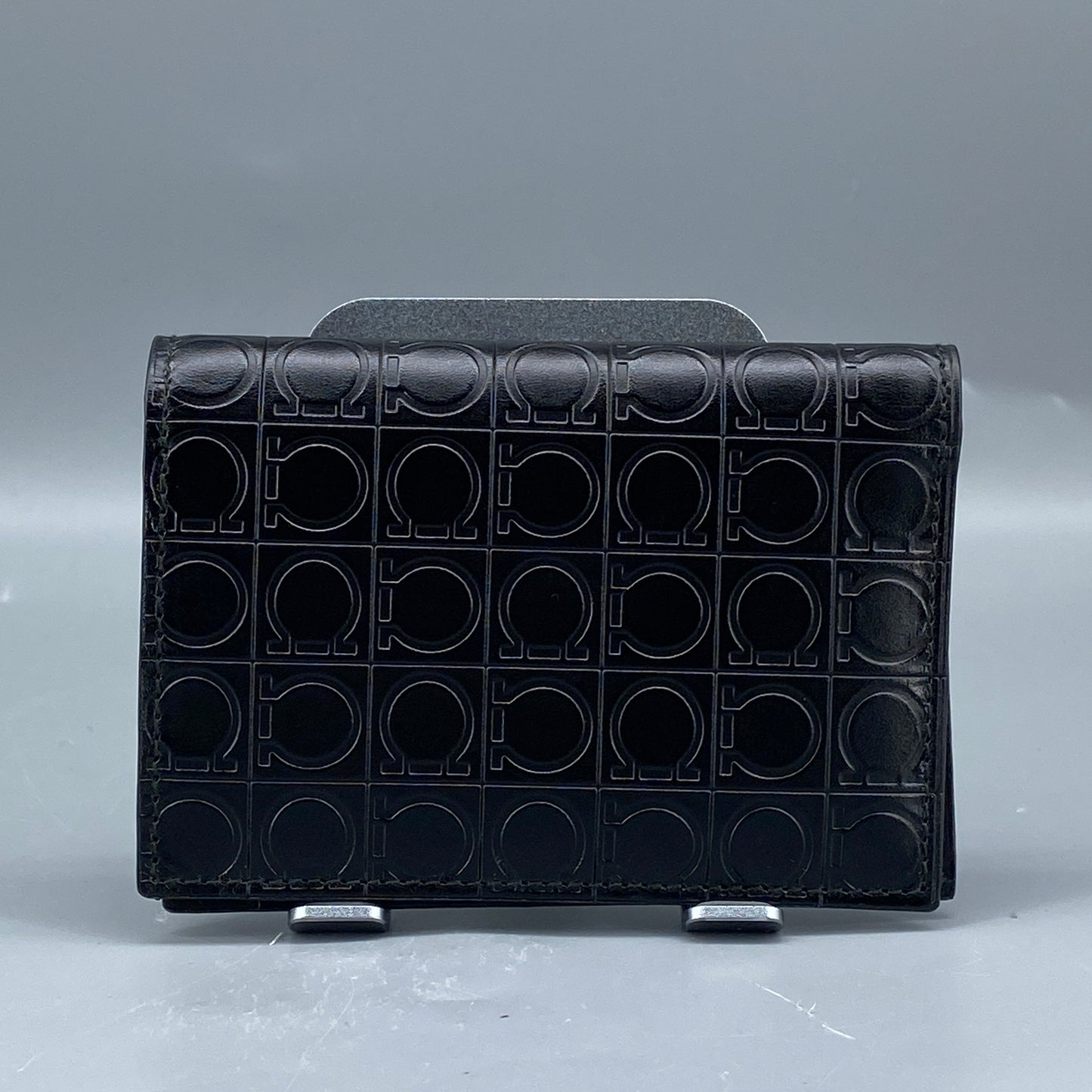 Ferragamo Black Embossed Gancini Bi-fold Card Wallet