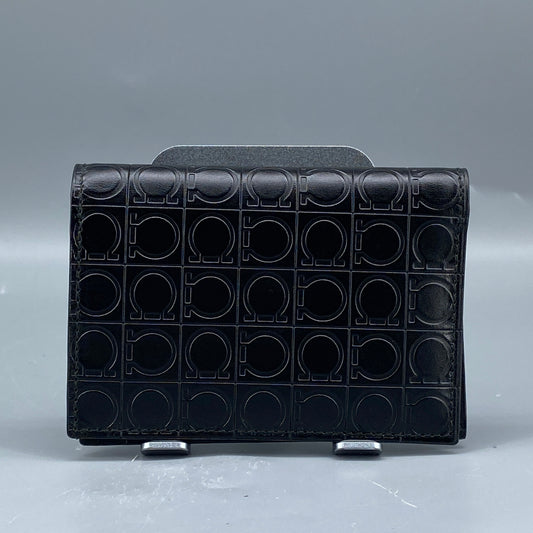 Ferragamo Black Embossed Gancini Bi-fold Card Wallet