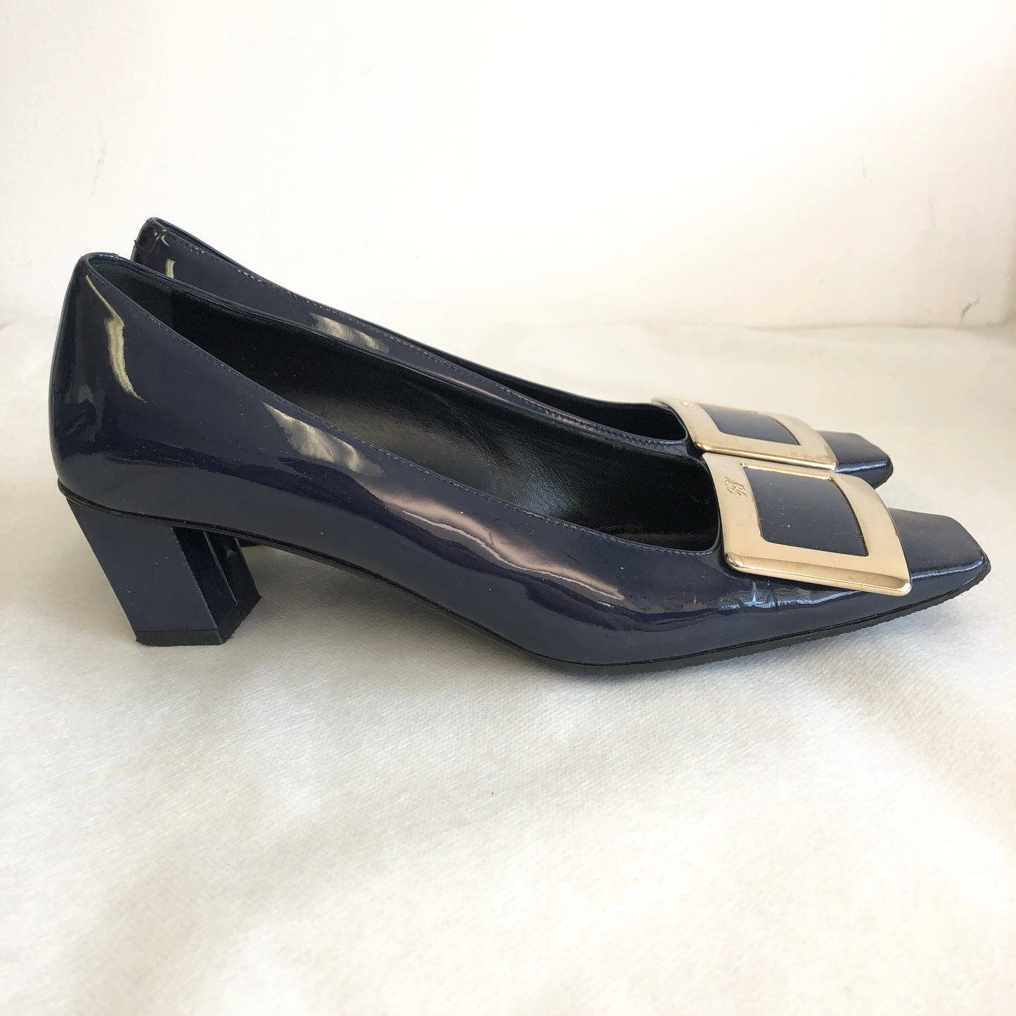 Roger Vivier Navy Patent Leather Square‑Buckle Block Heel Shoes size 35 1/2