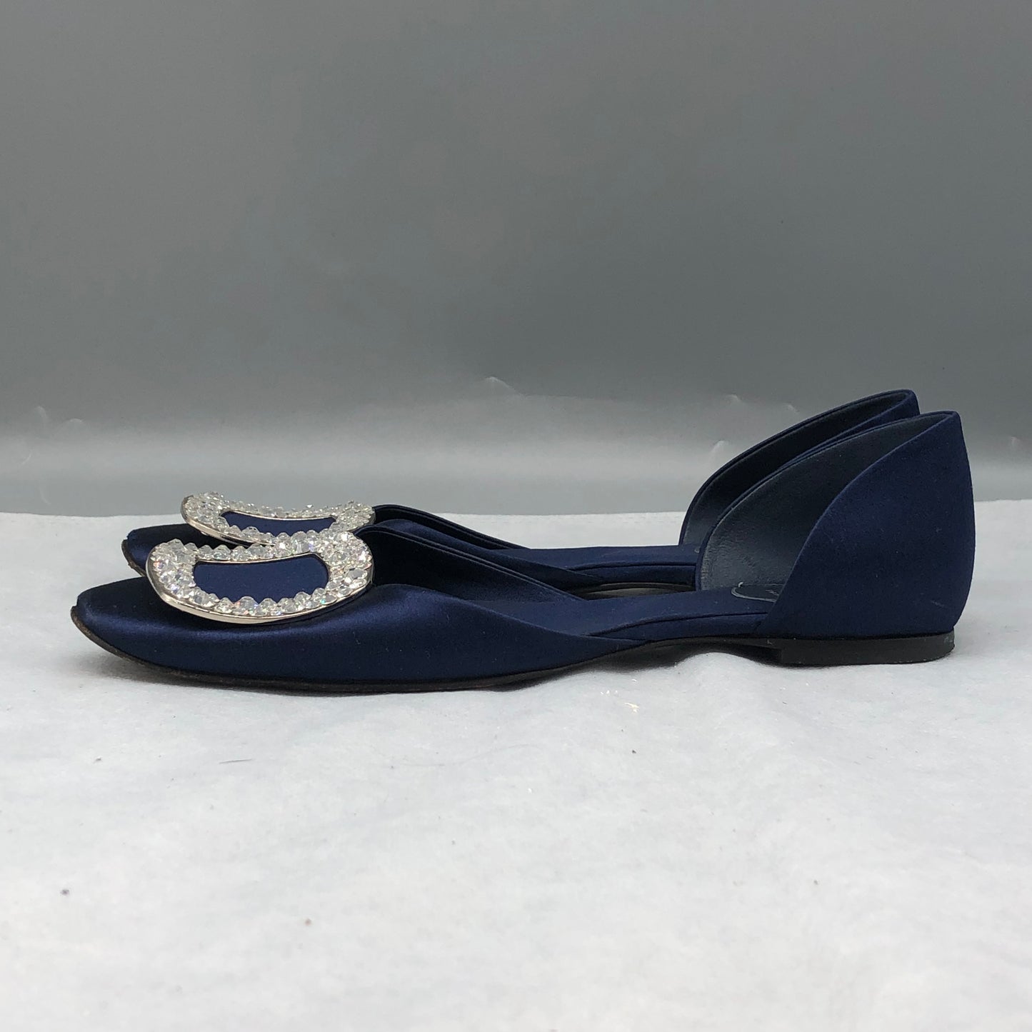 Roger Vivier Dark Blue Satin Crystal Buckle D'Orsay Flats Size 35.5 Women's shoes