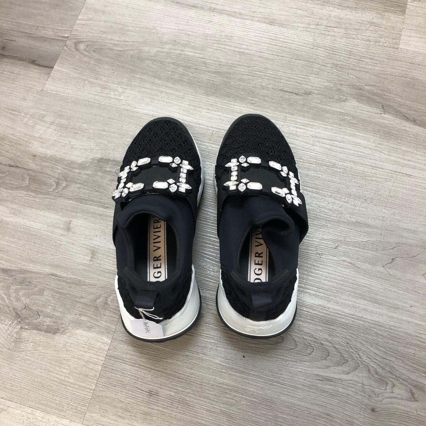 Roger Vivier Women's Mesh Fabric Crystal Buckle Slip-On Sneaker Mule Shoes 36 Black White Two-Tone