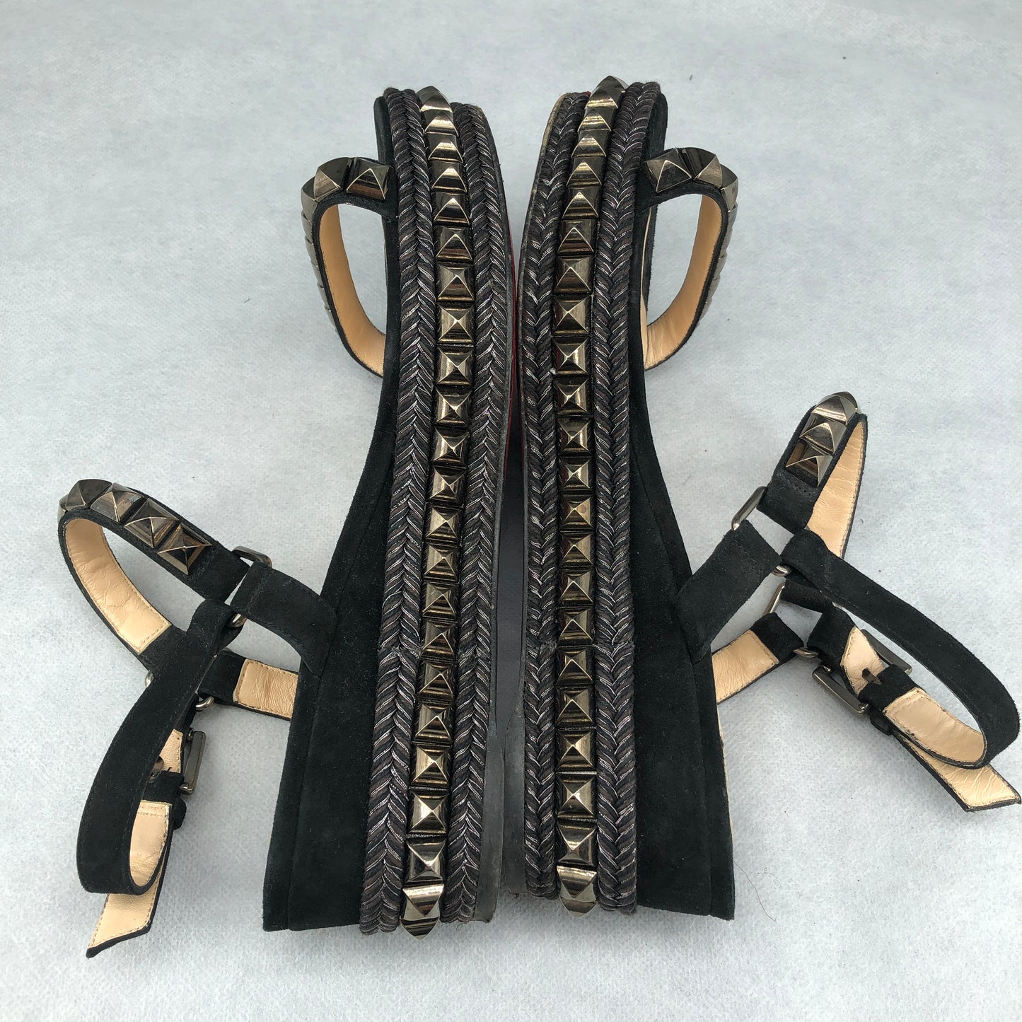 Christian Louboutin Women's Spiked Suede Platform Ankle Strap Sandals Size 38 Black