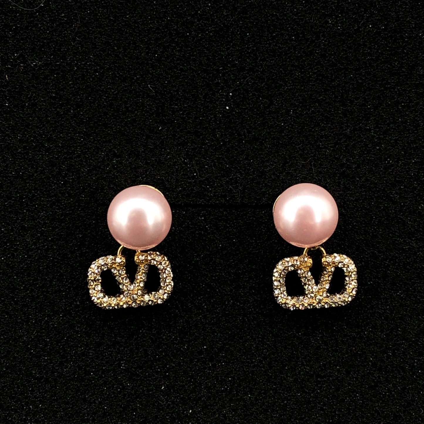 Valentino V Logo Crystal Pink Pearl Drop Stud Earrings Gold Tone