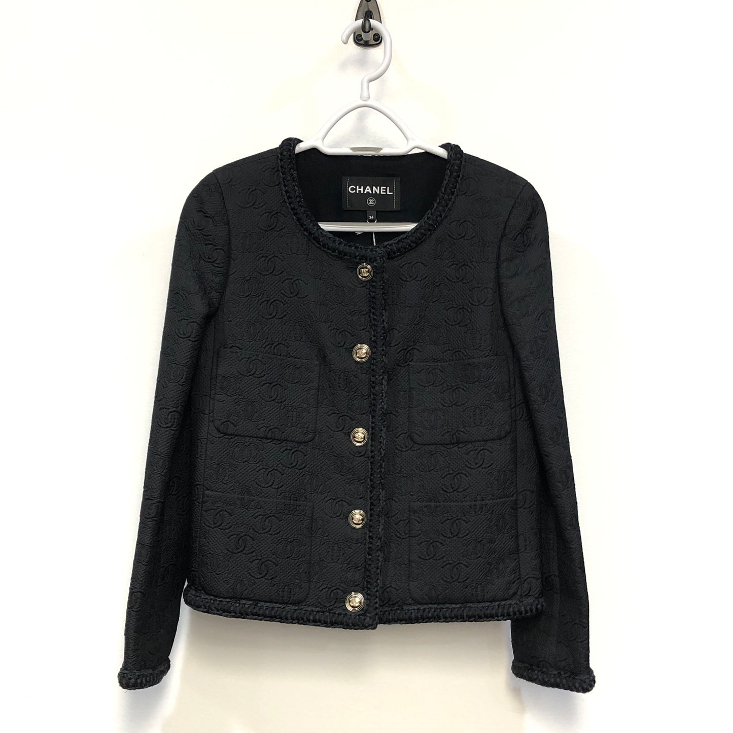 Chanel  CC logo jacquard pattern Black Tweed Round Neck Short Jacket Size 34
