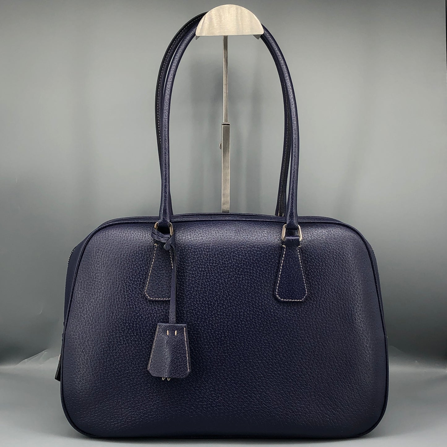 Prada Bauletto Medium Pebbled Leather Handbag  Ink Blue