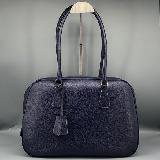 Prada Bauletto Medium Pebbled Leather Handbag  Ink Blue