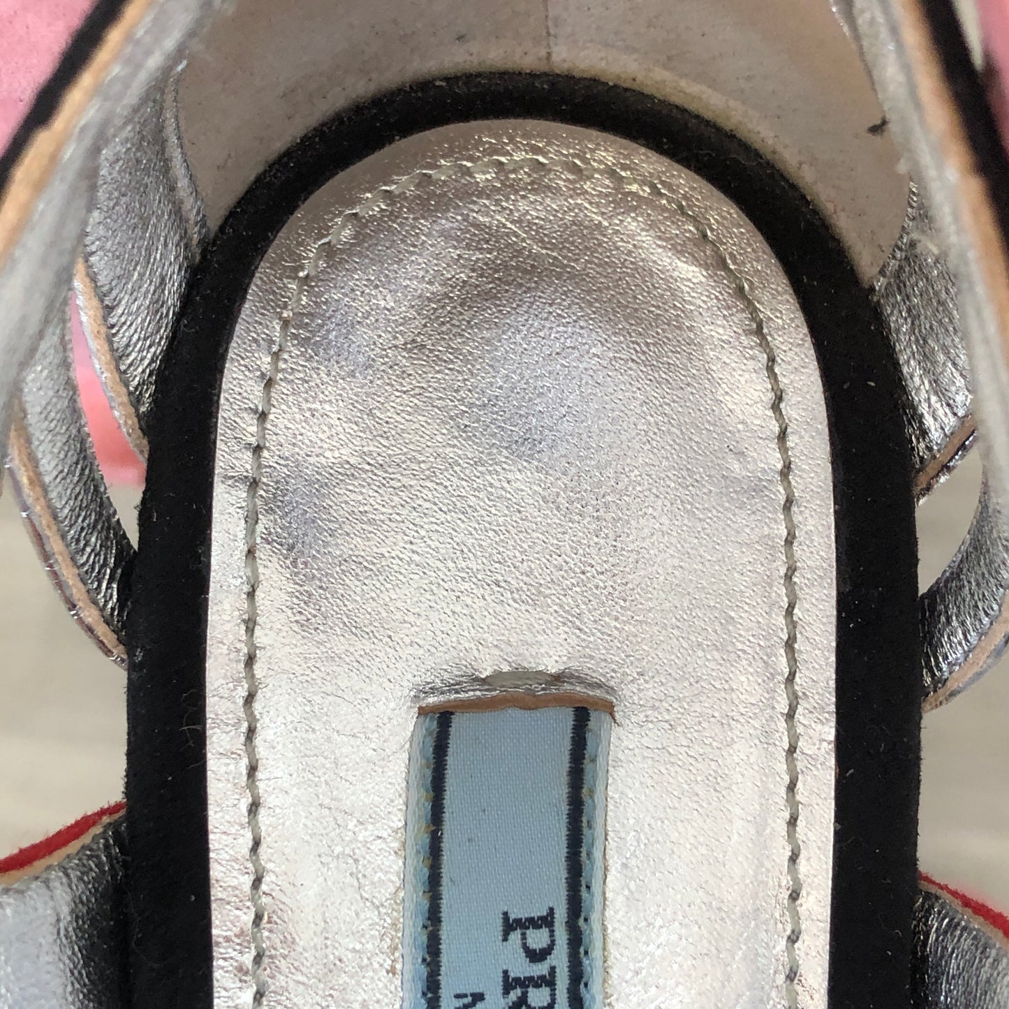 Prada Women's Two-Tone Cutout Patent Leather Ankle Strap Heels 35.5 Black Silver Red Pink