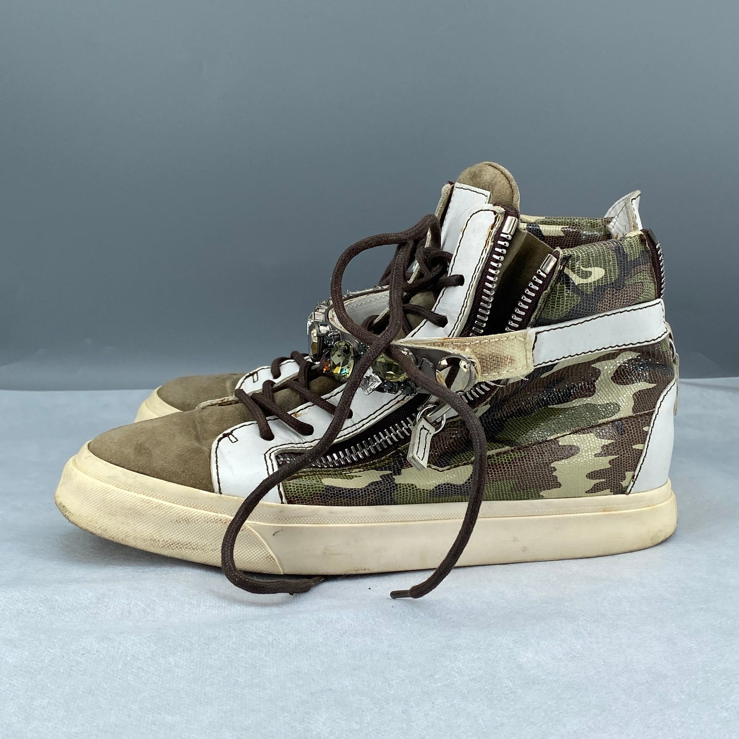 Giuseppe Zanotti Camo Canvas White Suede High Top Sneakers Size 37
