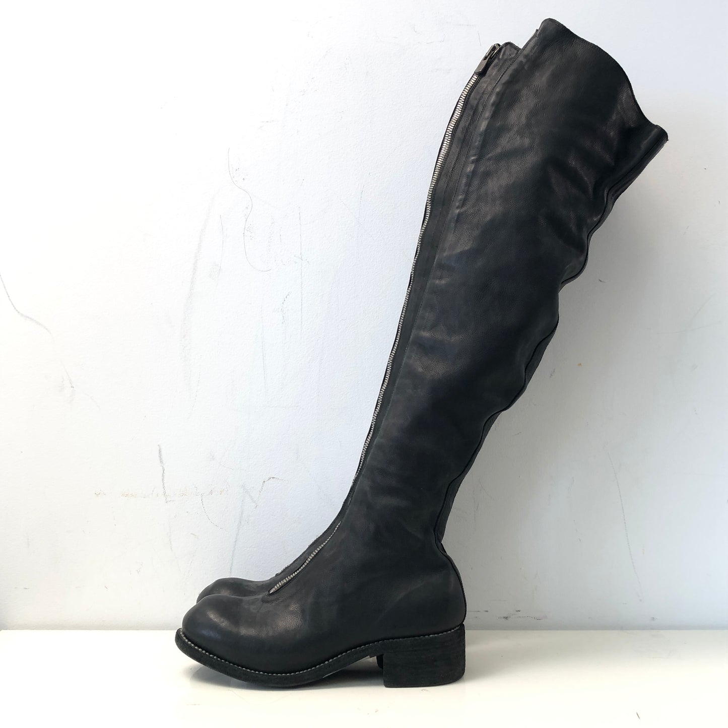 Guidi Black Horse Leather Over-the-Knee Front-Zip Boots Size 37.5