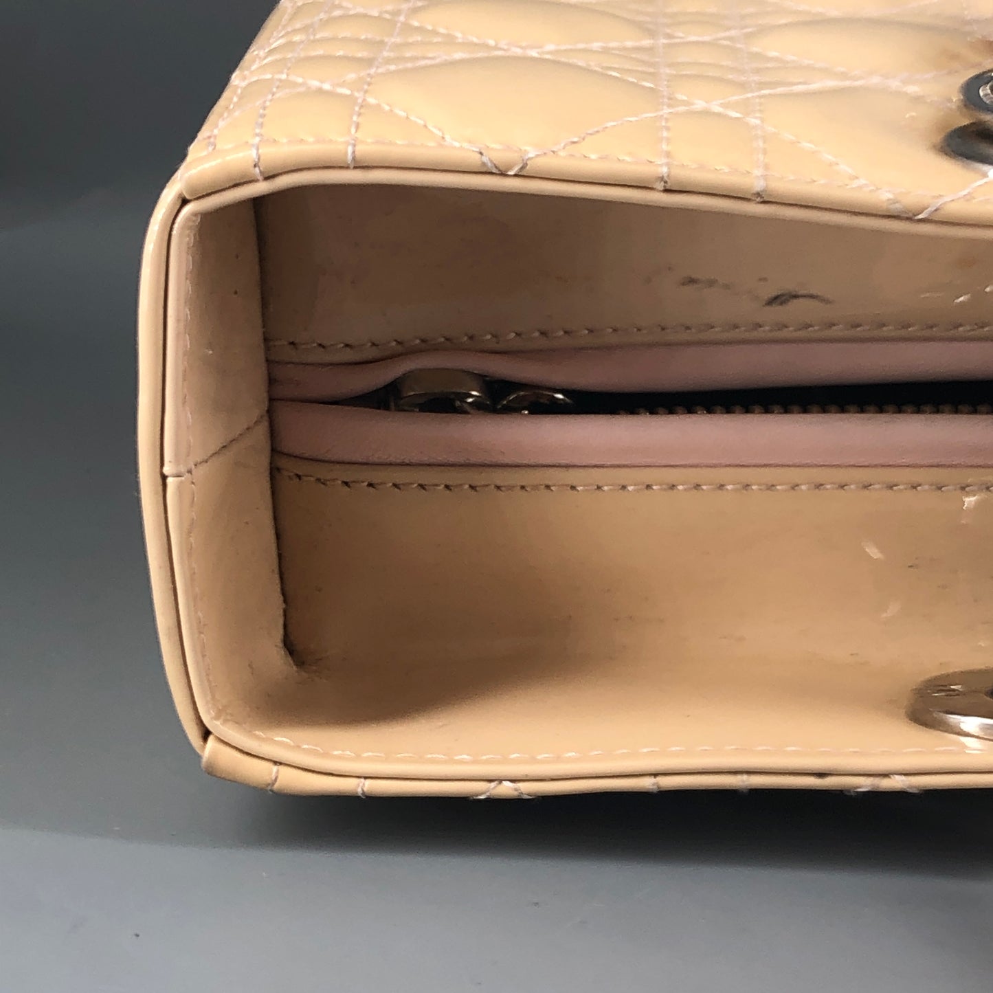 Christian Dior Lady Dior Large Cannage Patent Leather Handbag Nude