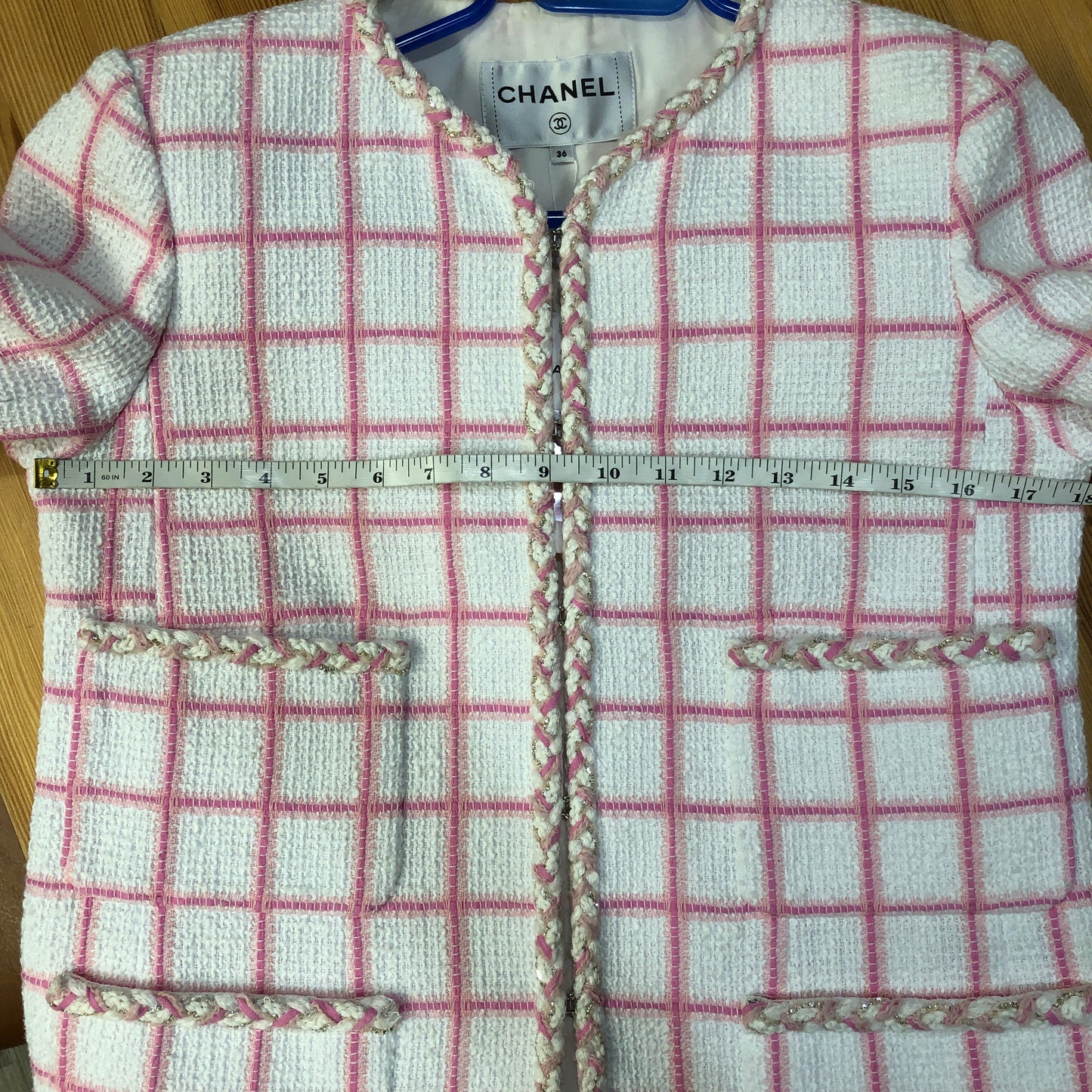 Chanel White & Pink Plaid Tweed Jacket Fringe Trim Size 36