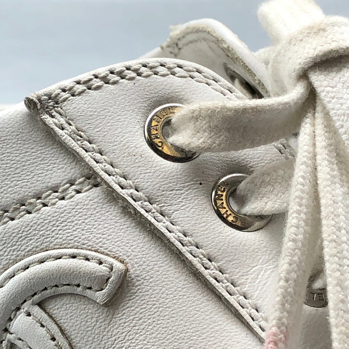 Chanel Women's White & Dark Blue Cap-Toe Sneakers shoes 36.5