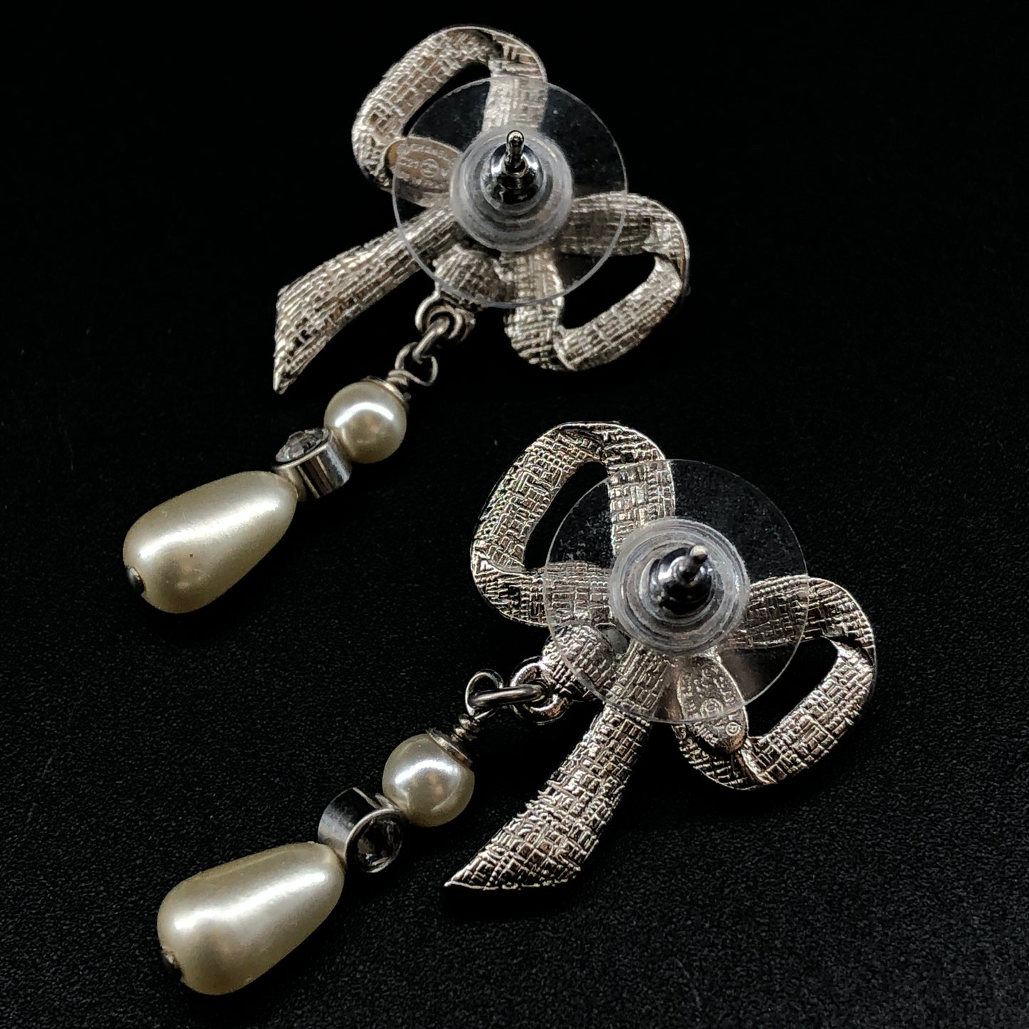 Chanel 2021 Silver-Tone Crystal & Pearl Bow Drop Earrings