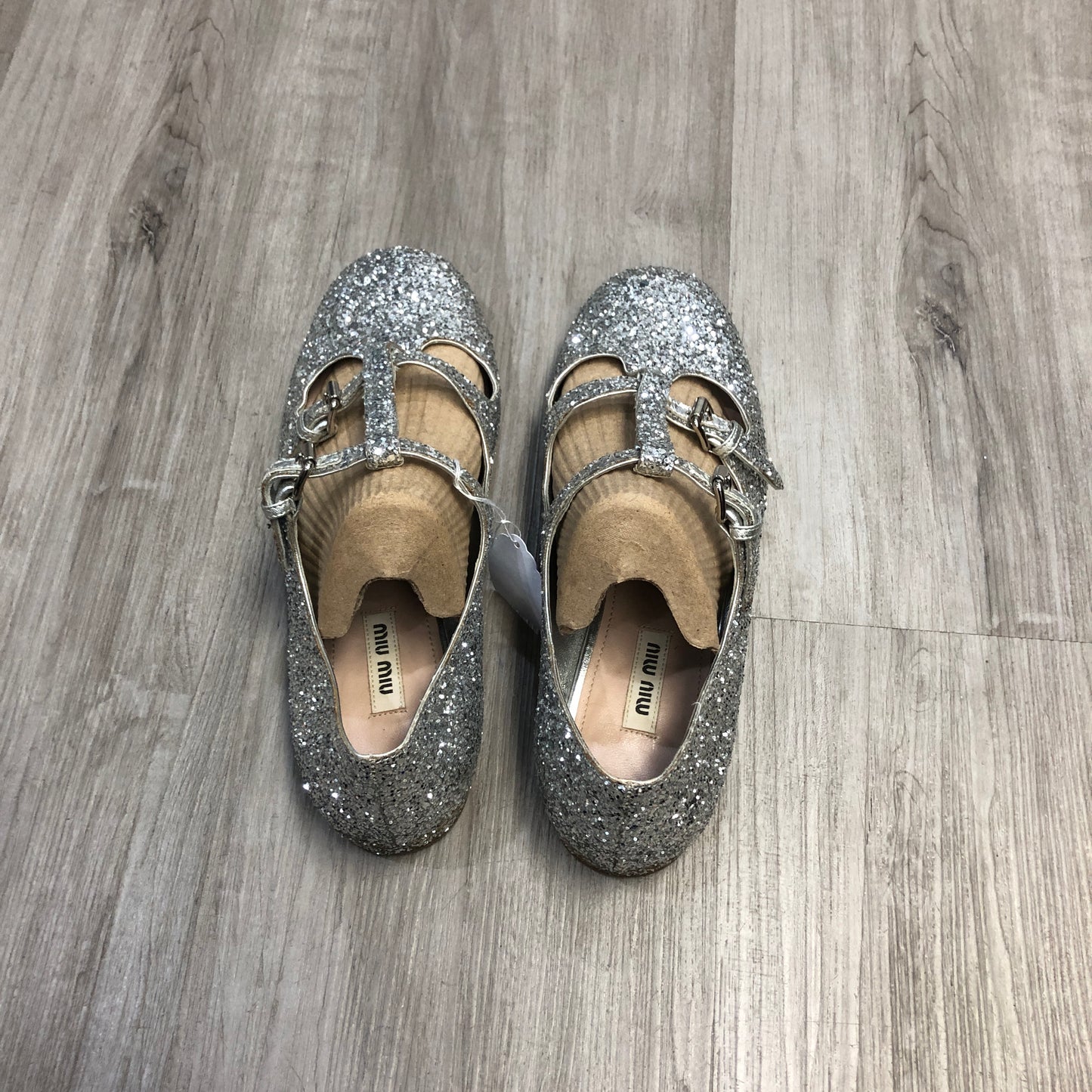 Miu Miu Women's Glitter Mary Jane Ballerina Shoes Size 38 Silver