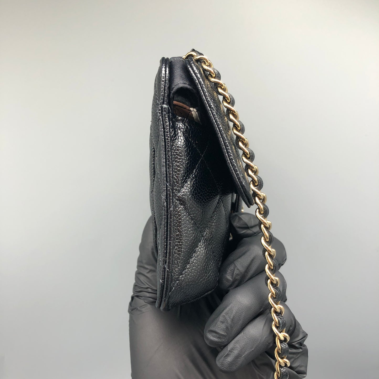 Chanel Foldable Tote Bag with Chain Quilted Caviar and Printed Nylon.