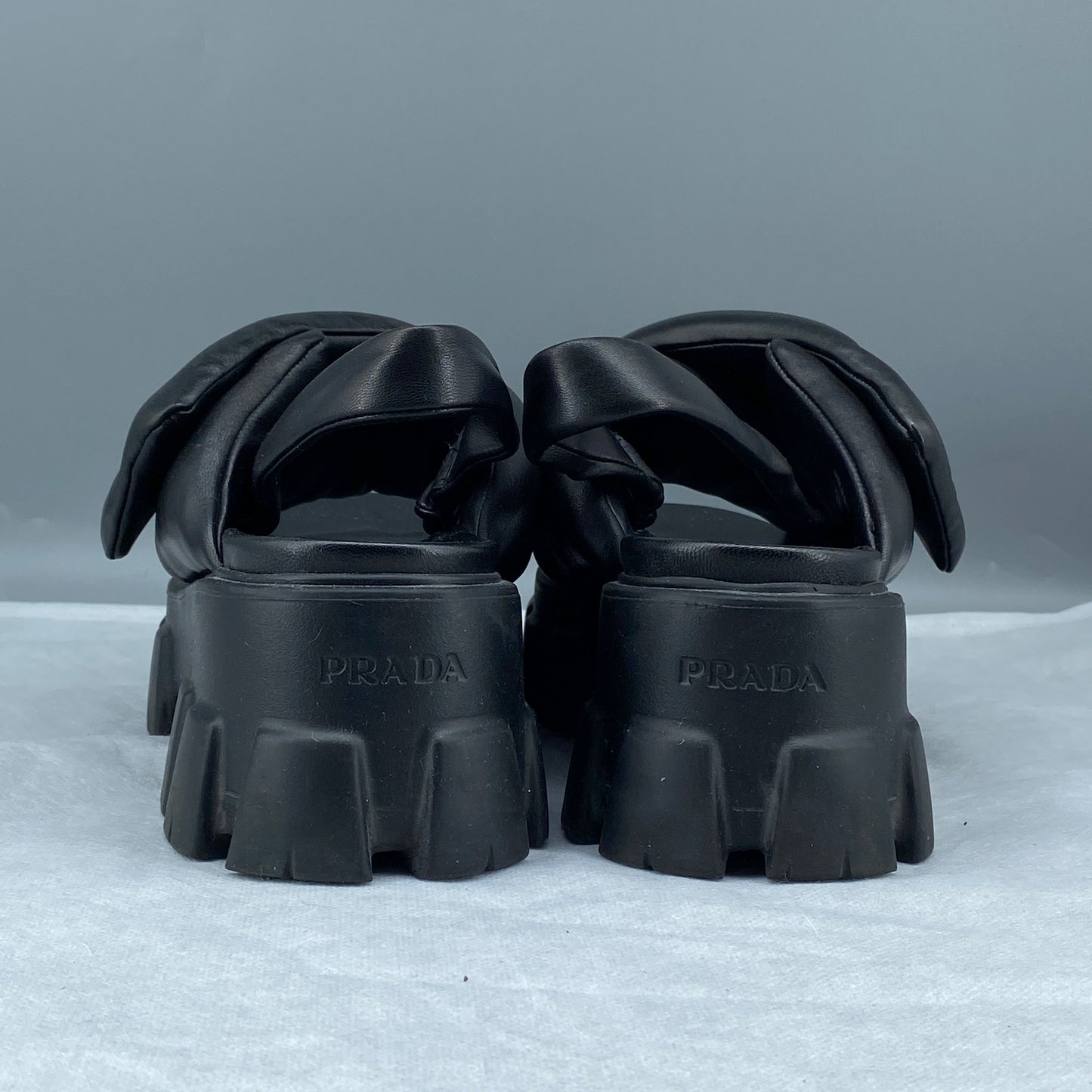 Prada Women's Black Leather Cross Strap Lug Sole Back Strap Platform Sandals Size 38