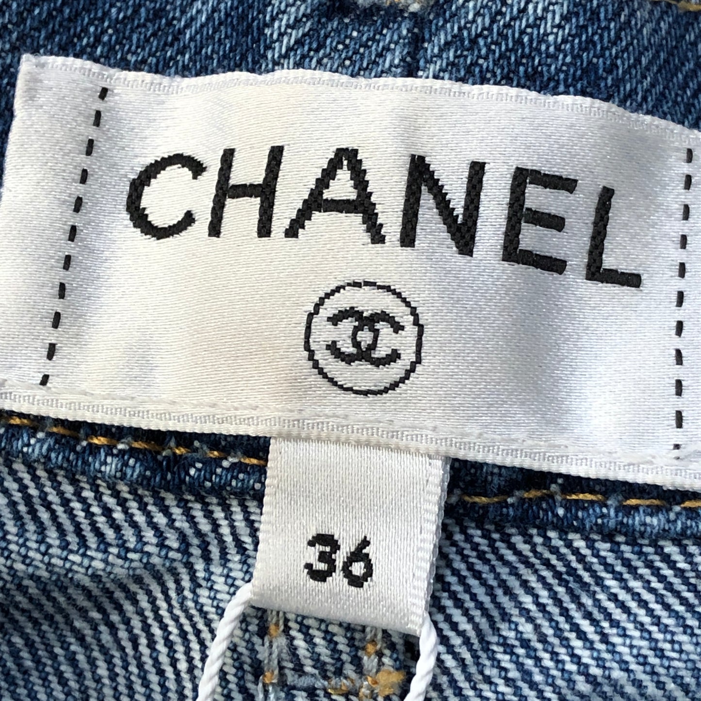 Chanel Denim Blue Straight Leg Denim Pants Stitched CC Pattern Size 36