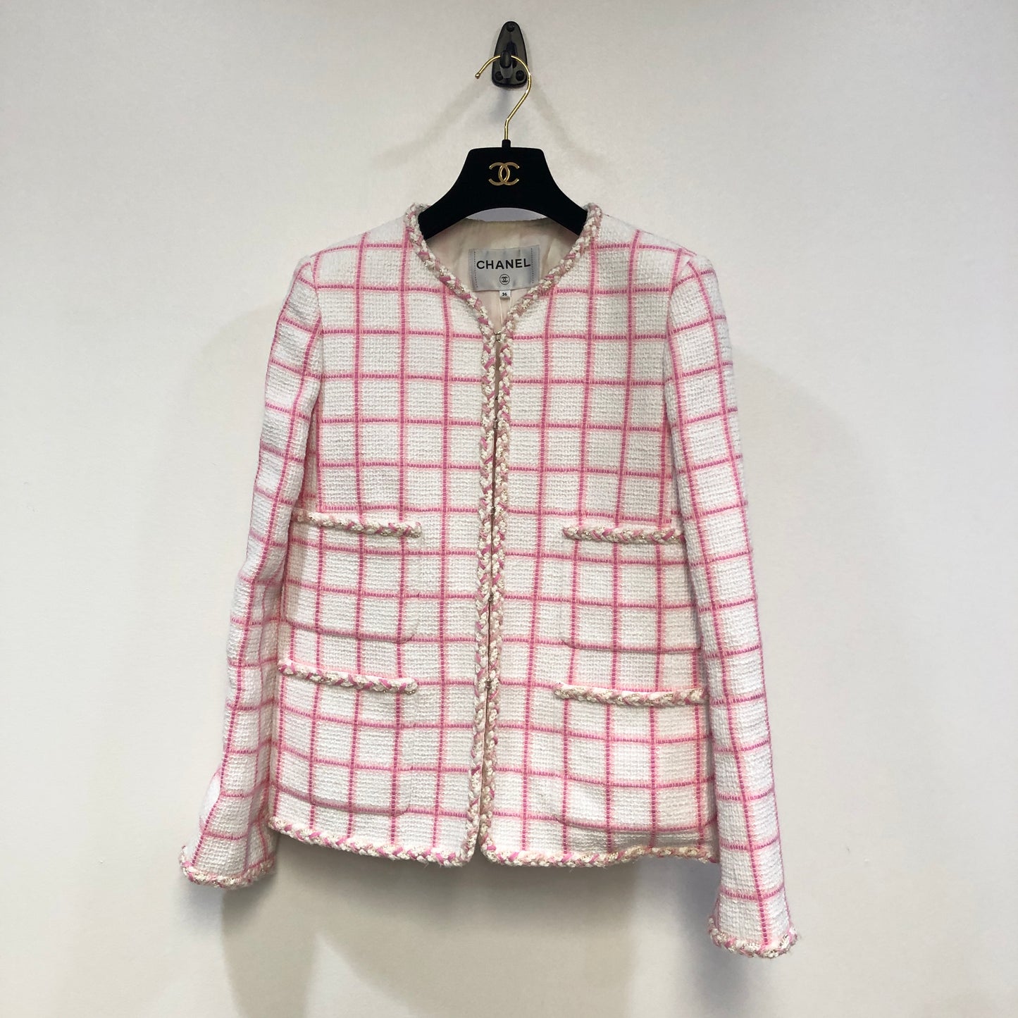 Chanel White & Pink Plaid Tweed Jacket Fringe Trim Size 36