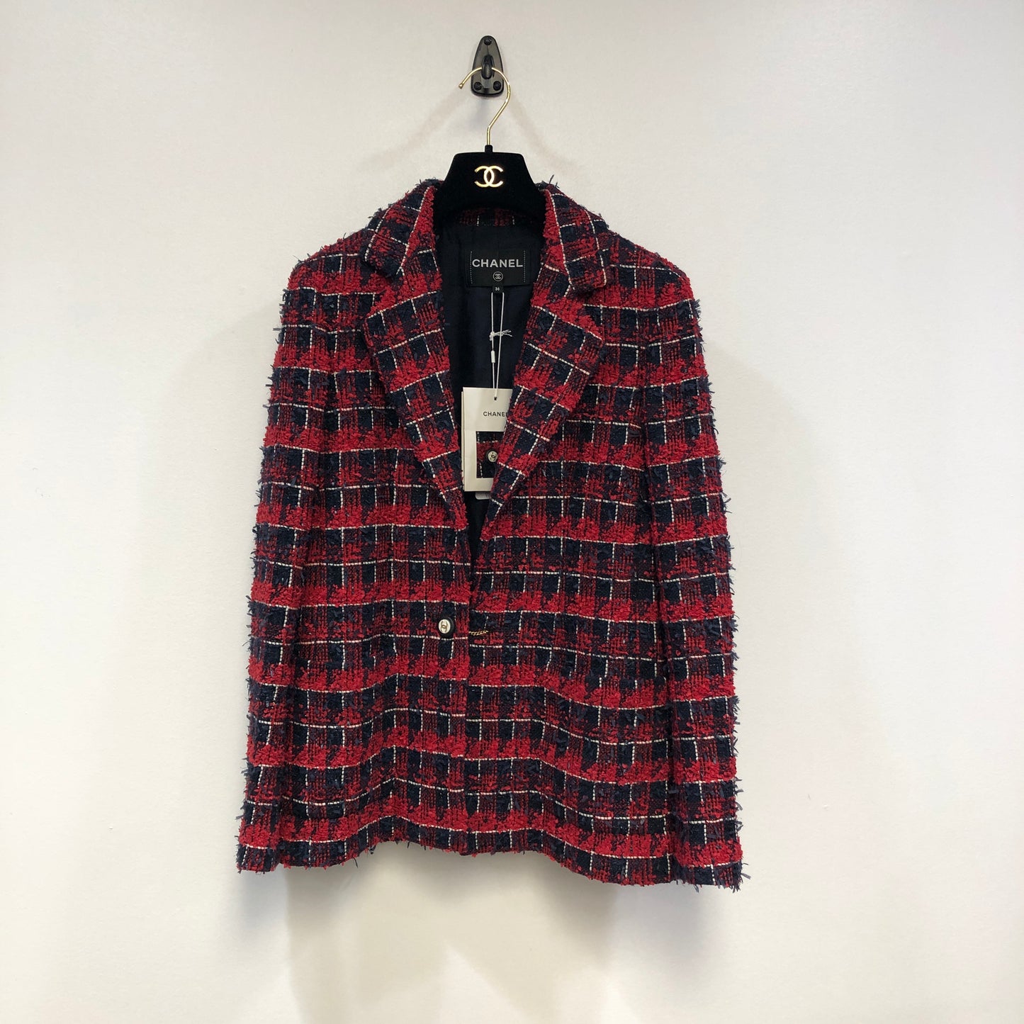 Chanel Red & Navy Blue Plaid Tweed Blazer Lapel Collar Size 36