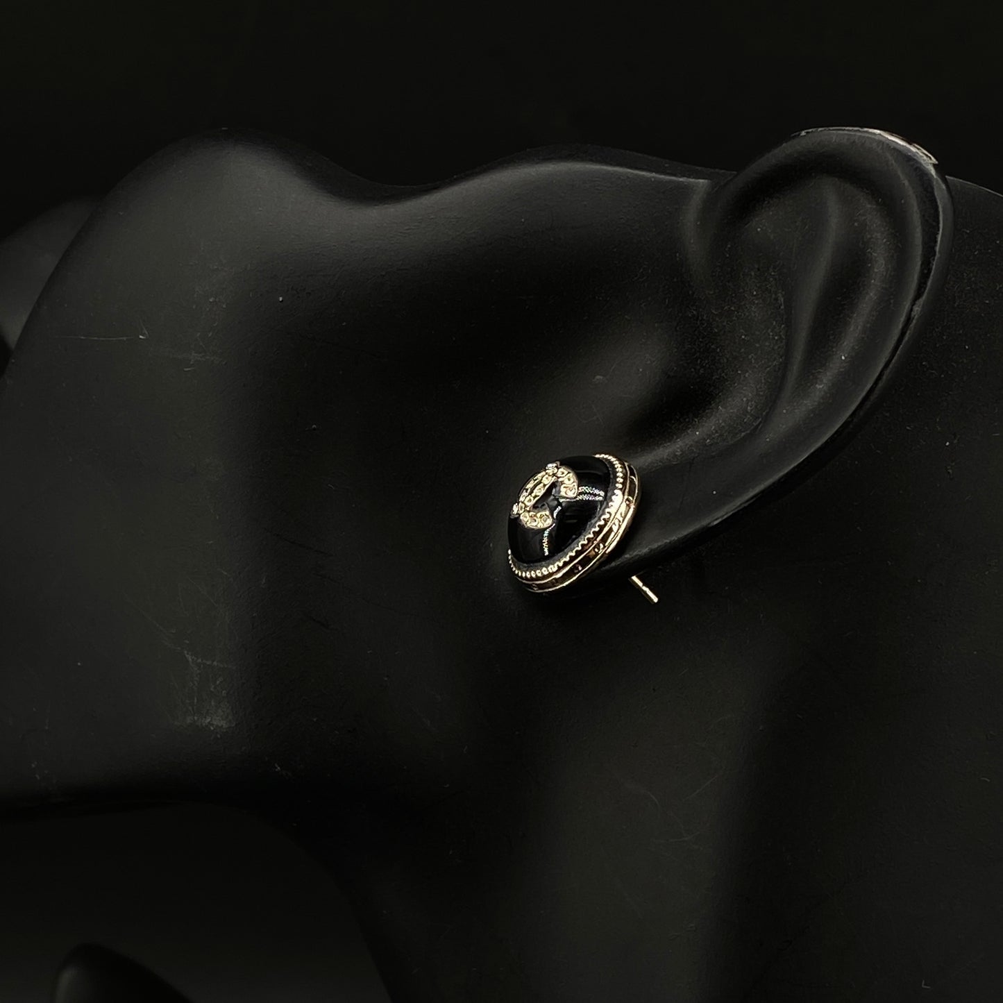 Chanel Black Enamel Gold Border Double C Round Stud Earrings