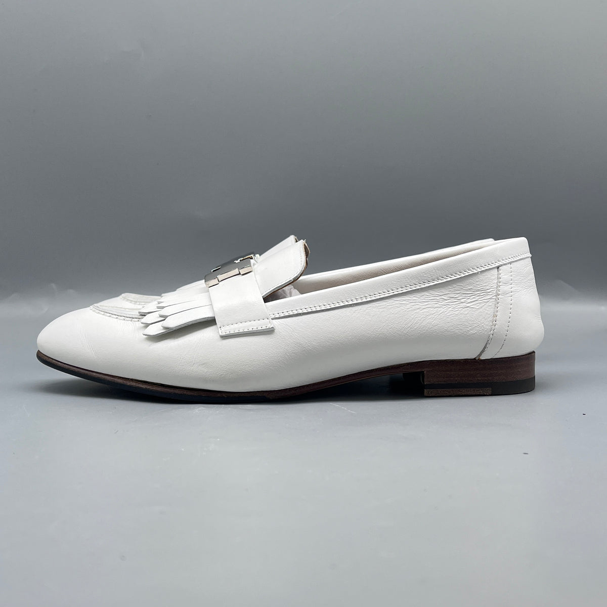 Hermes White Leather Women Fringe Loafers Size 36.5