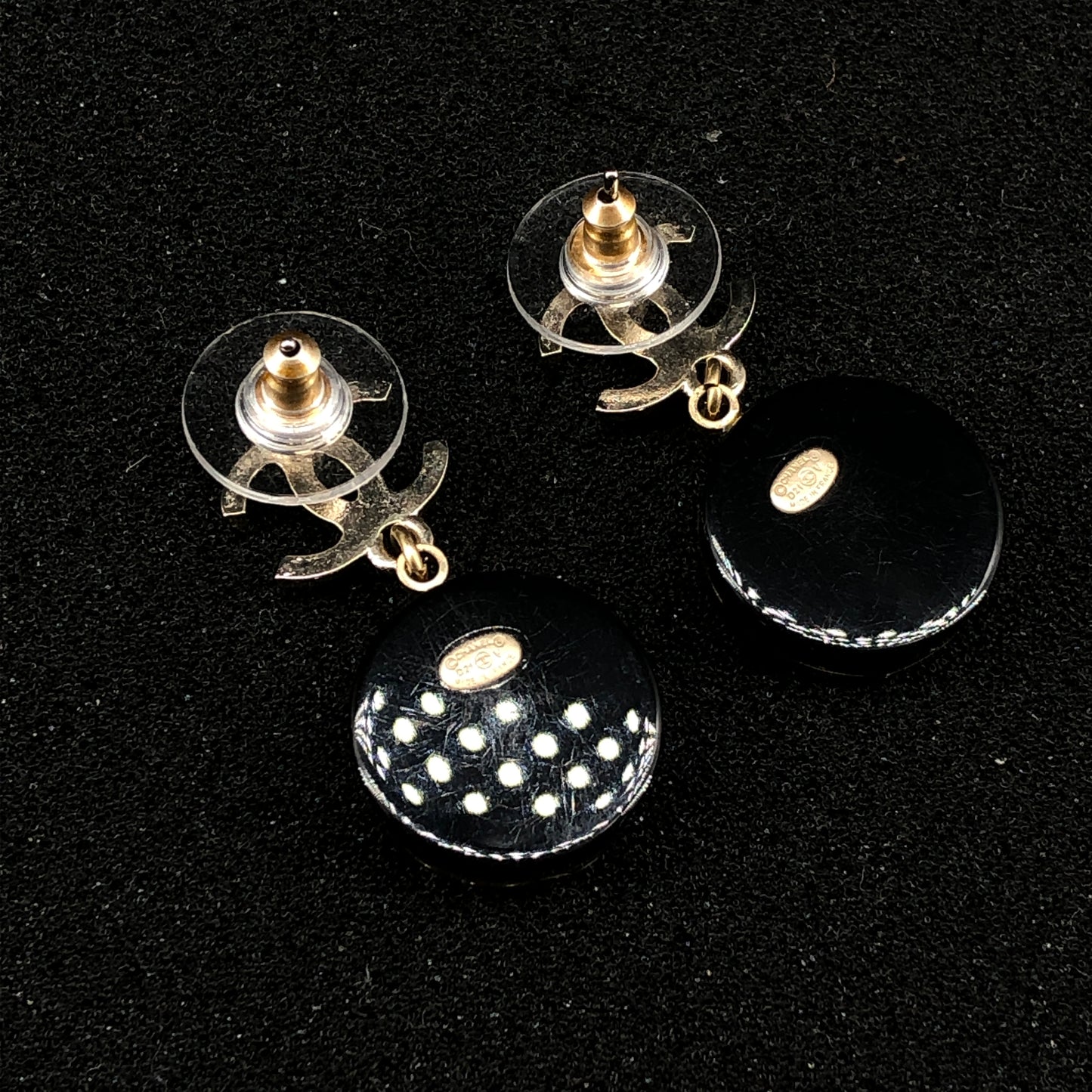 Chanel 2021 Gold Tone Black Enamel Crystal Round Drop Earrings