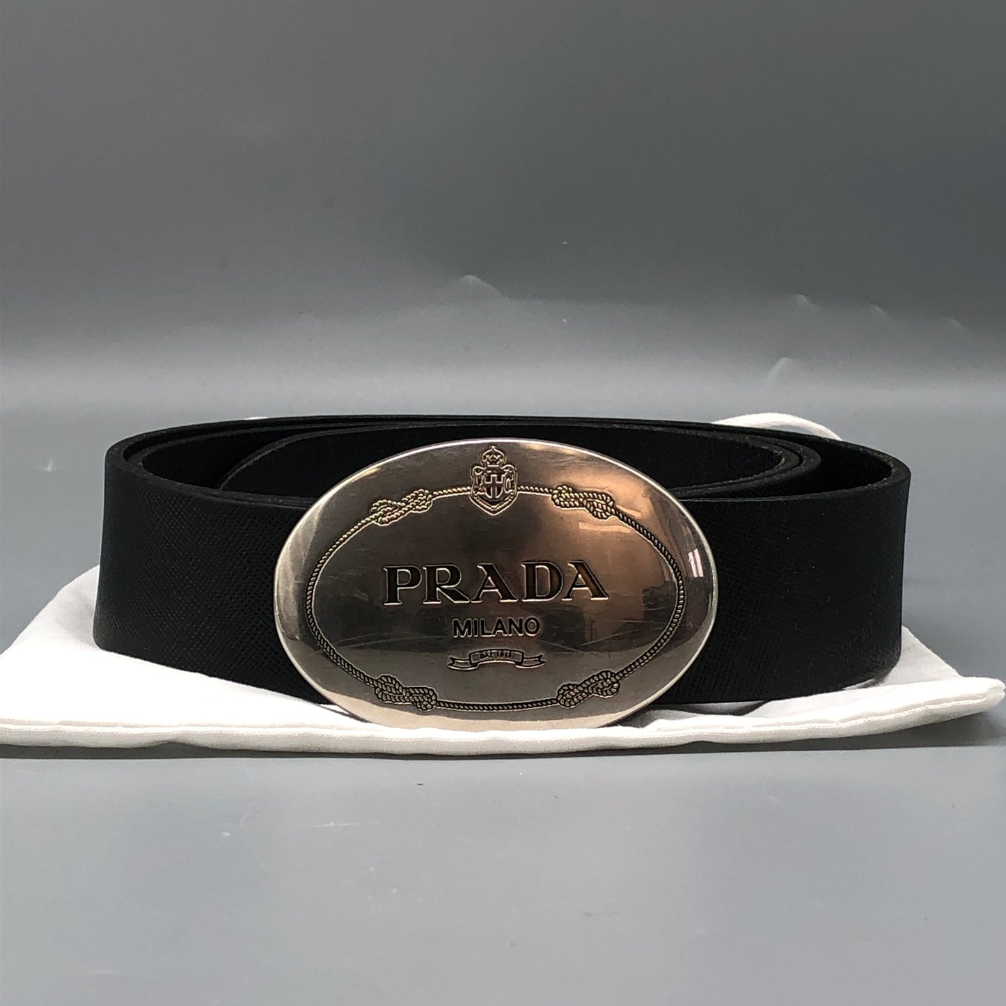 Prada Black Leather Oval Logo Buckle Belt 90cm