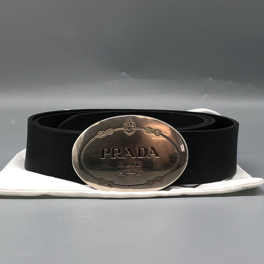 Prada Black Leather Oval Logo Buckle Belt 90cm