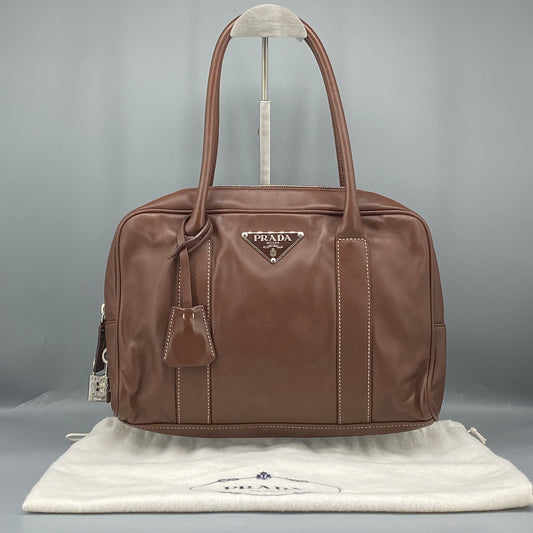 Prada Bauletto Brown Leather Boston Bag