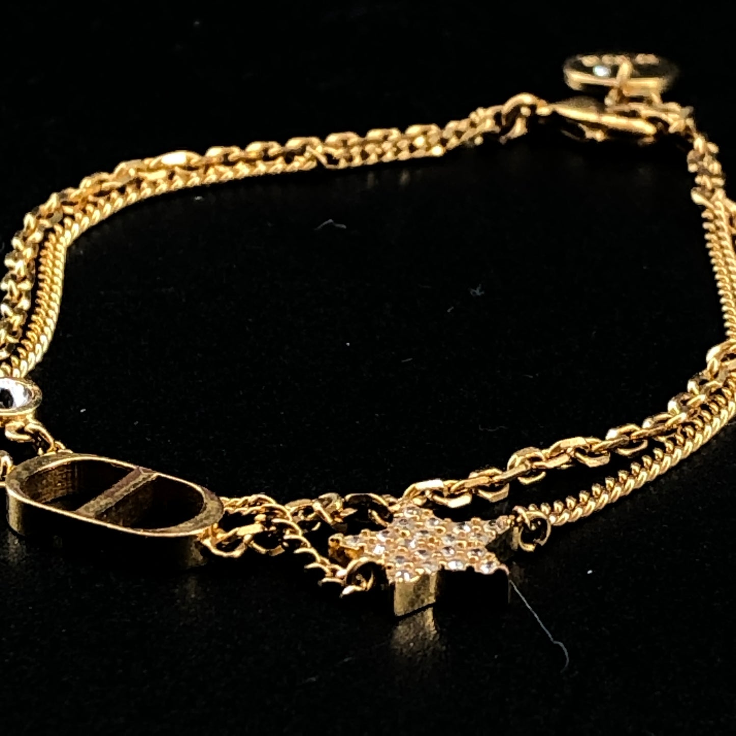 Christian Dior Double Chian Gold-Tone Crystal CD & Star Charm Bracelet