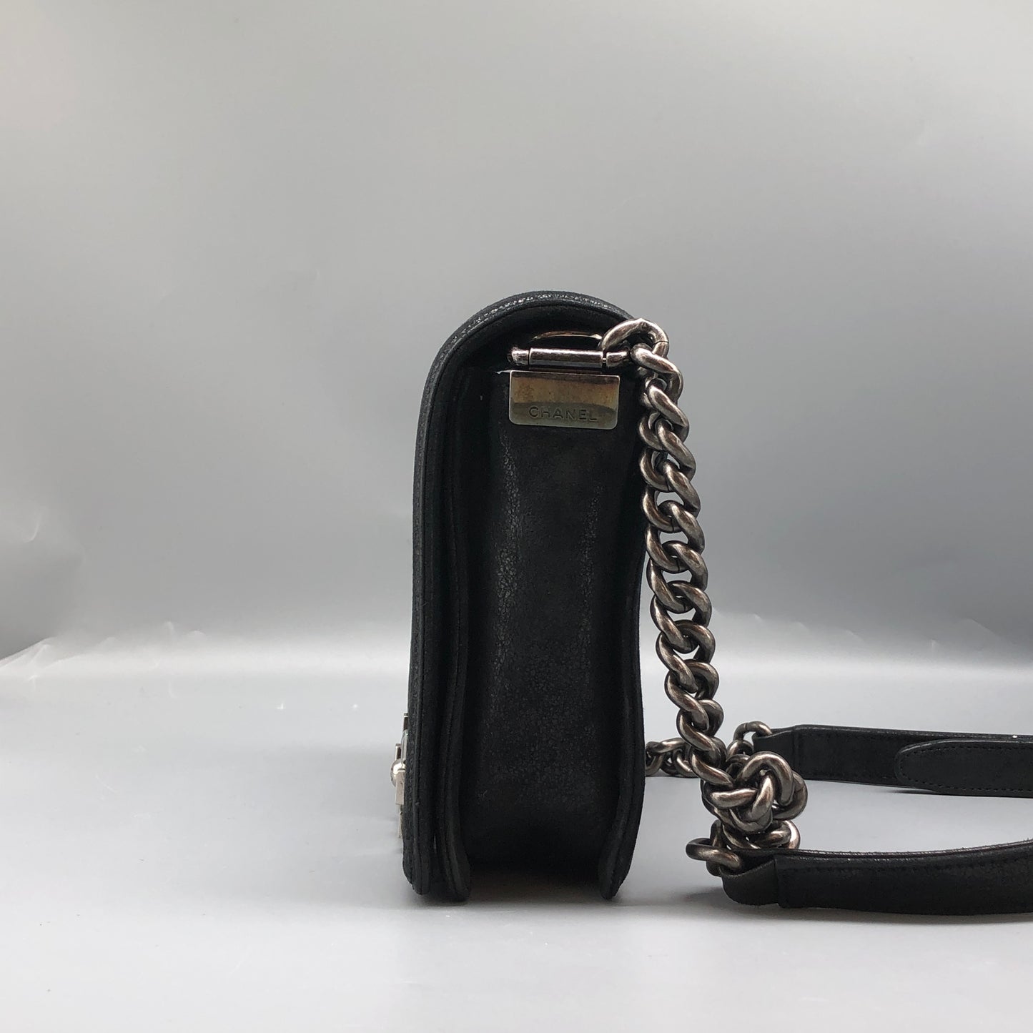 Chanel Black shiny suede nubuck iridescent leather Leather Mini Boy Bag