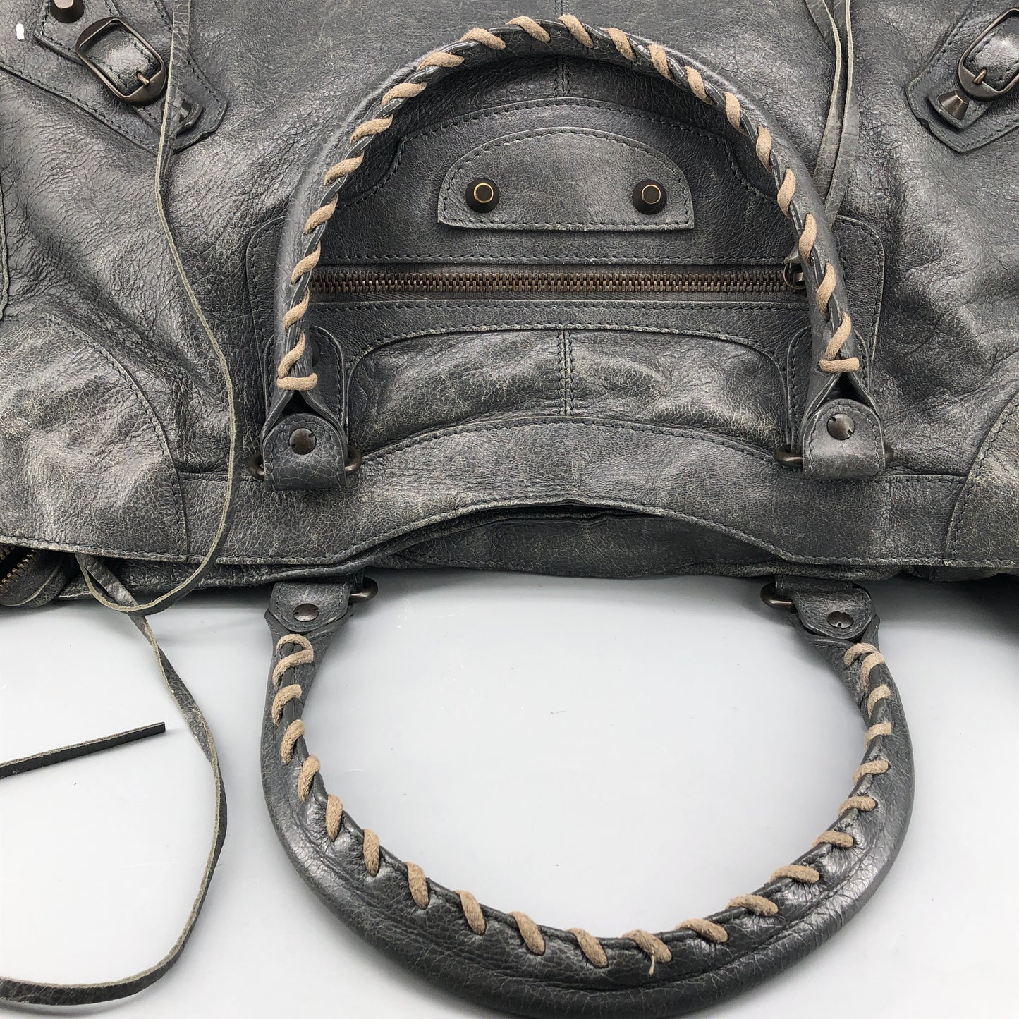 Balenciaga Classic City Distressed Leather Shoulder Handbag Grey