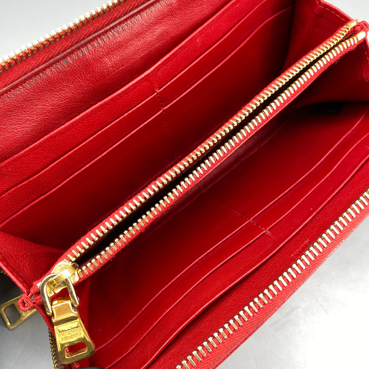 Prada Red Saffiano Leather Zip Around Long Wallet